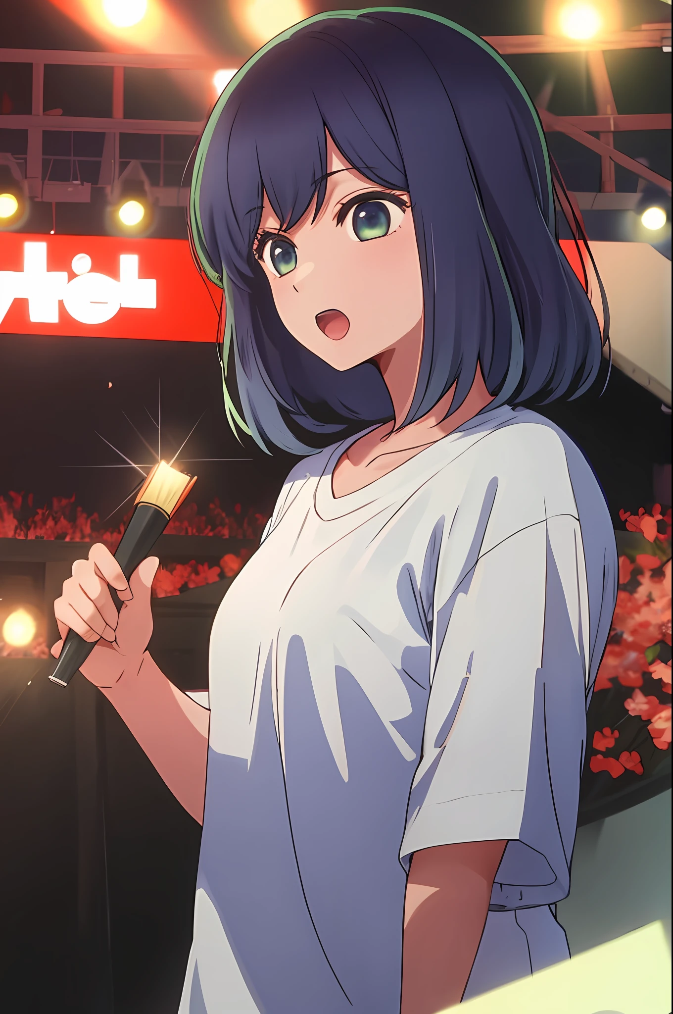 masterpiece, best quality, kurokawa_akane, 1girl, solo, open_mouth, shirt, collarbone, upper_body, short_sleeves, teeth, hand_on_own_chest, t-shirt, red_shirt, stage, concert