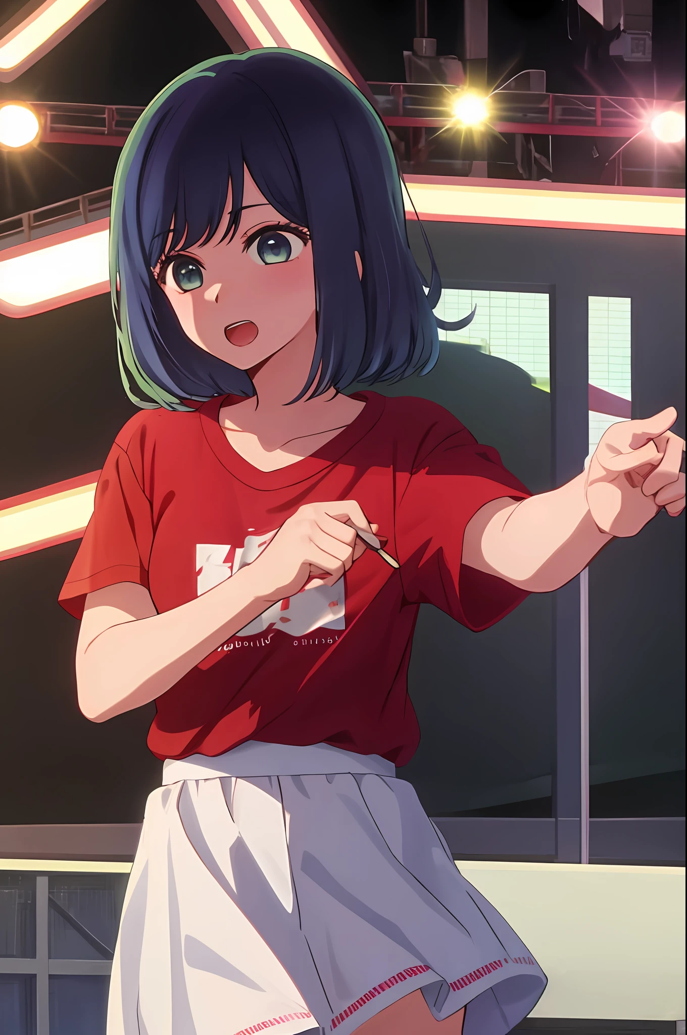 masterpiece, best quality, kurokawa_akane, 1girl, solo, open_mouth, shirt, collarbone, upper_body, short_sleeves, teeth, hand_on_own_chest, t-shirt, red_shirt, stage, concert