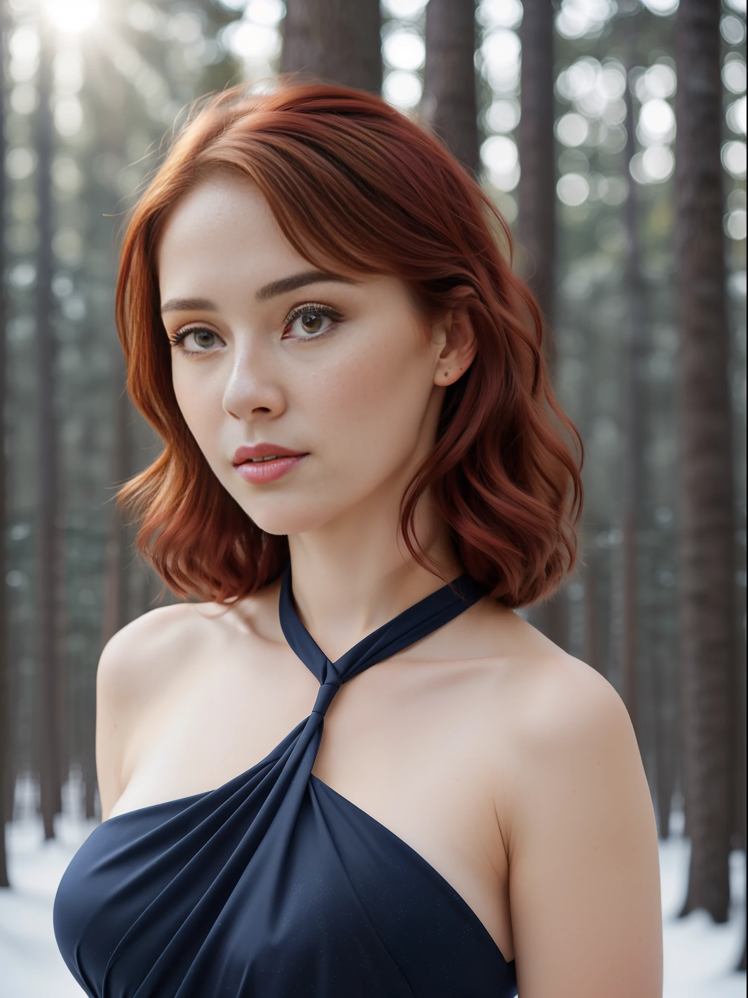 (Best quality, 8k, 32k, masterpiece, UHD: 13), 1 girl, good hand, 4k, high resolution, masterpiece, best quality, head: 1.3, ((Hasselblad photo)), (model with red hair), finely detailed skin, sharp focus (cinematic lighting), collarbone, morning, soft lighting, dynamic angle, [:(detailed face: 1.2): 0.2], armpit fold, navy blue clothing, slender, frozen forest background winter forest background,  photography with Hasselblad 50mm f8 camera, studio flash lighting, navy blue dress, model with navy blue dress, captivating look, seductive look, freckles on face, perfect eyes, big breasts, big tits