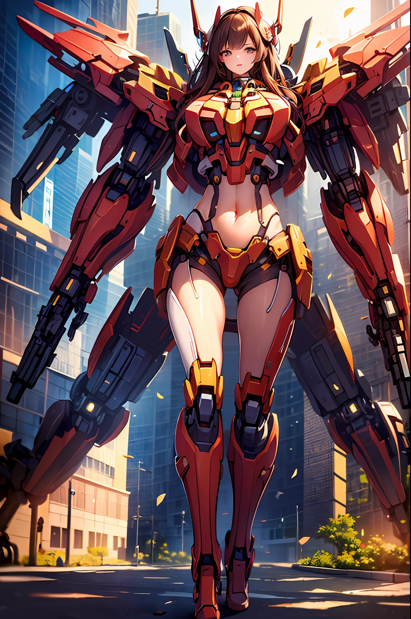 ((masterpiece, better quality)),illustration,ultra detailed 8k,photorealistic,sharp focus,very detailed,professional lighting,colorful details,iridescent colors BREAK extremely long plan of a factory,large mechanical robot construction,microchip,computer,glossy, intricate details,shitu-mecha,1girl stands next to Mecha, Gundam, navel, cute, sexy
