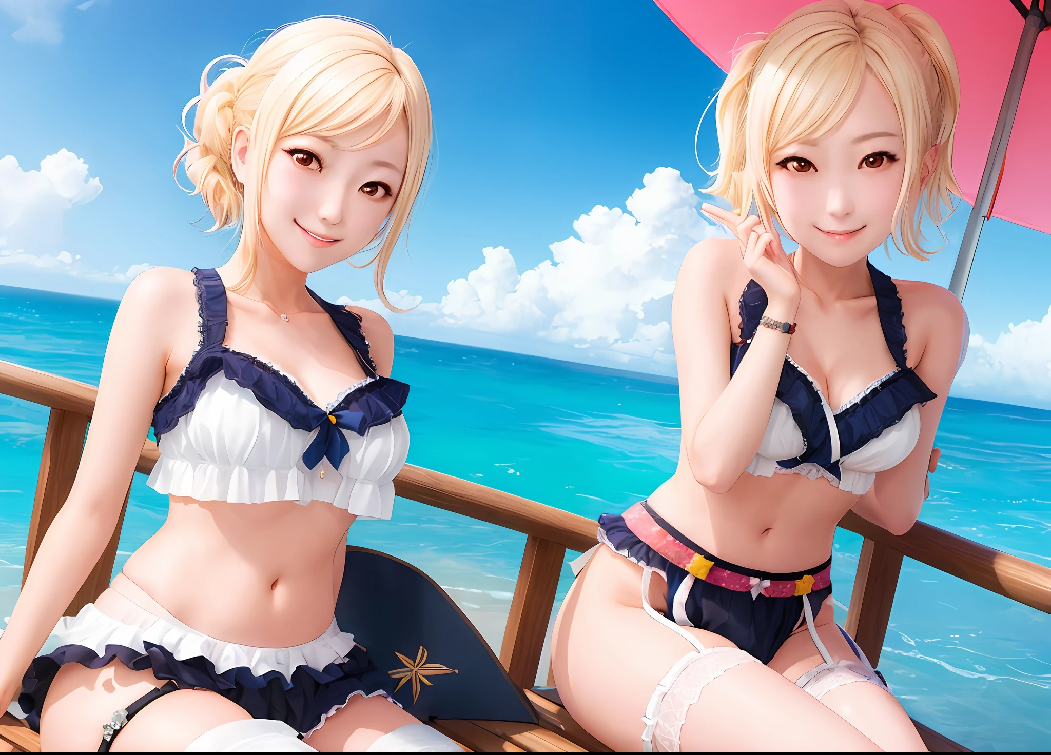 miyashita_ai, 1girl, solo,
beach, cloud, collarbone, crossed legs, day, dutch angle, garter belt, navel, ocean, parasol, sitting, smile