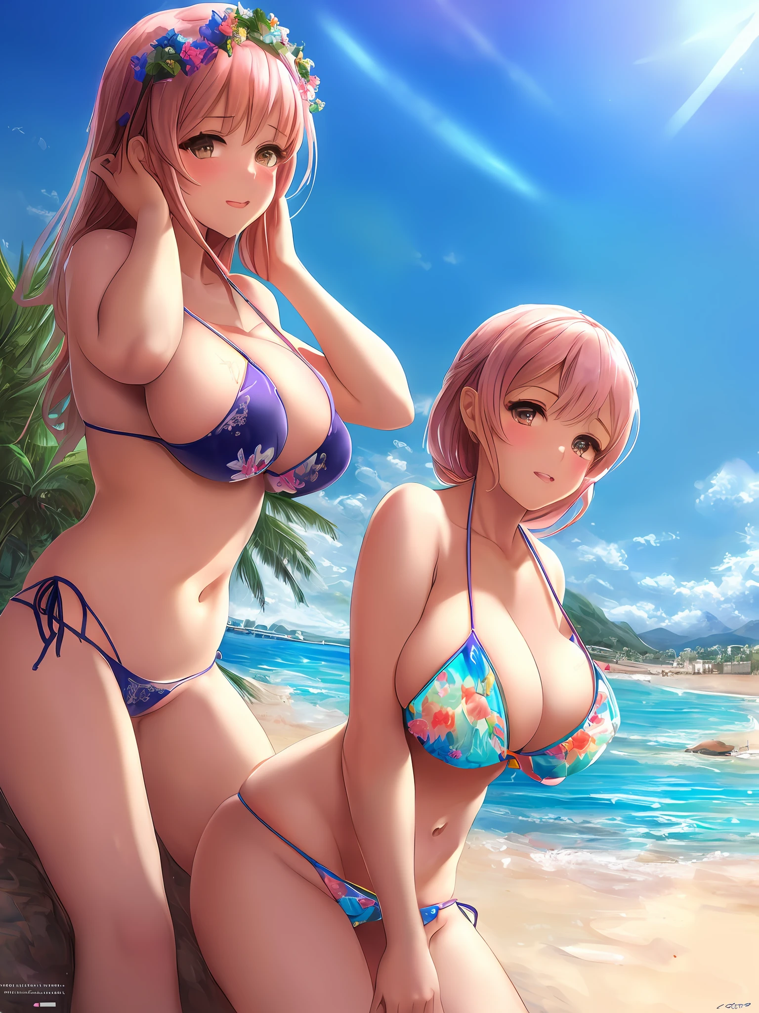 pino daeni, ilya kuvshinov, sophie anderson, yeero, (((landscape))), (((upper body))), cute busty gyaru having fun on the beach, (((bikini))), (seductive pose), (seductive expression), ((masterpiece)), (squished), (beautiful face), (beautiful eyes), (concept art), (((detailed))), ((intricate)), pixiv, light novel, uhd, vivid colors, sharp