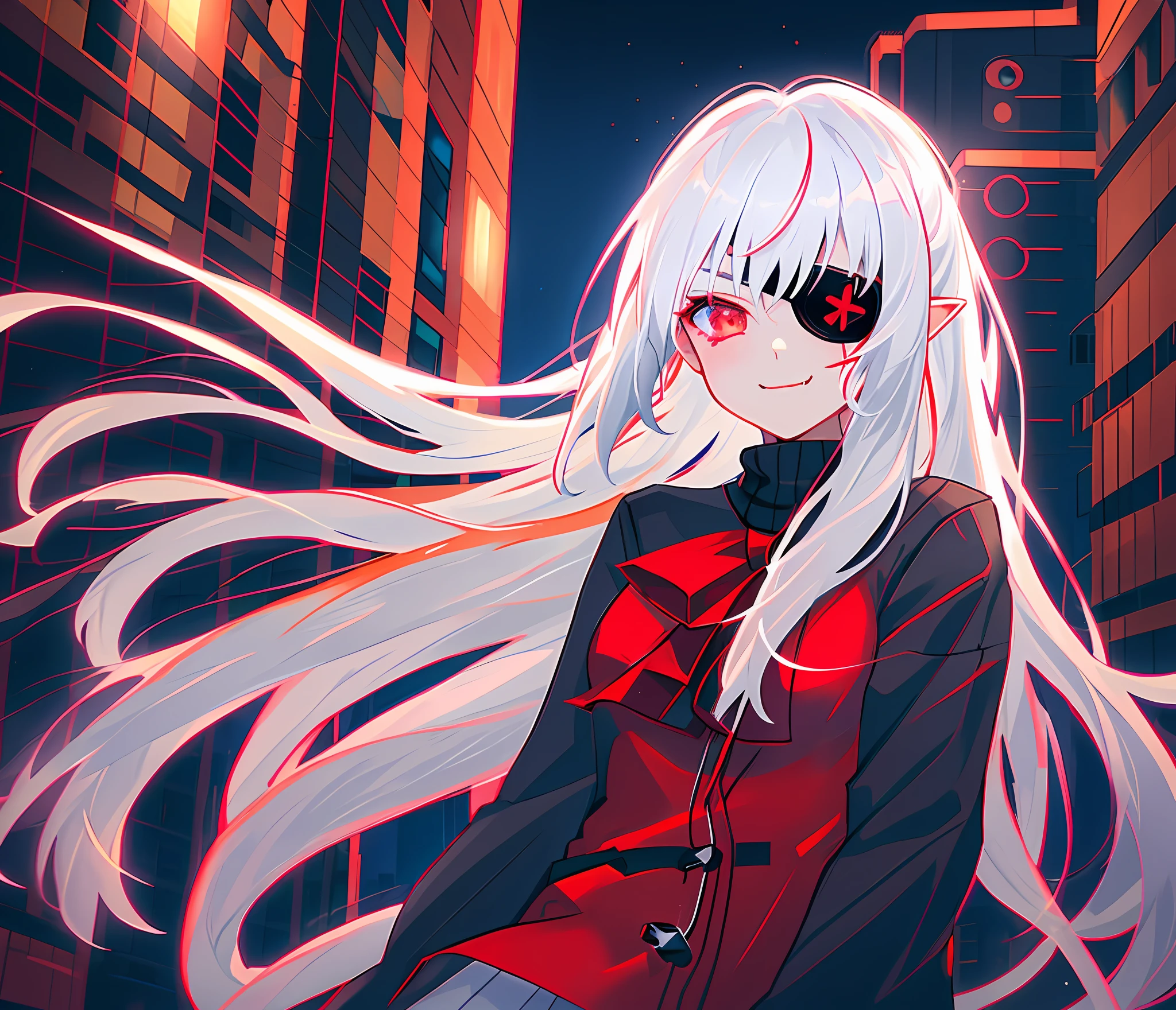 1girl, (solo), anime girl with long white hair and red eyes, girl with white hair, girl in white turtleneck, ((eyepatch)), pointed ears, ((vampire)), smirk, smug, closed mouth, cowboy shot, perfect white haired girl, white haired deity, digital cyberpunk anime art, turtleneck, cardigan, lens flare, ((dramatic lighting)), soft glowing red eyes, extremely detailed, masterpiece, looking at viewer, city in background, (night)