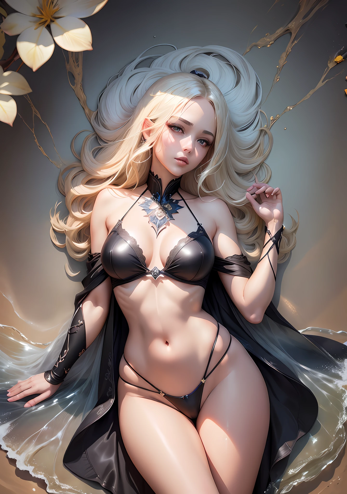woman in bikini and cape poses on a beach, blonde goddess, karol bak uhd, anime goddess, beautiful seductive anime woman, ross tran 8k, bikini in black, full body CGSOCIETY, shiny plastic bikini, realistic bikini, deviantart artstation cgscosiety, cinematic goddess body shot, beautiful goddess, beautiful realist, (whole body girl), big, small lingerie, fine lace, beautiful face, sun, cinematographic light, a beautiful woman, beautiful eyes, perfect anatomy, very cute, princess eyes, (black eyes), (head frame), Centered image, stylized, bioluminescence,