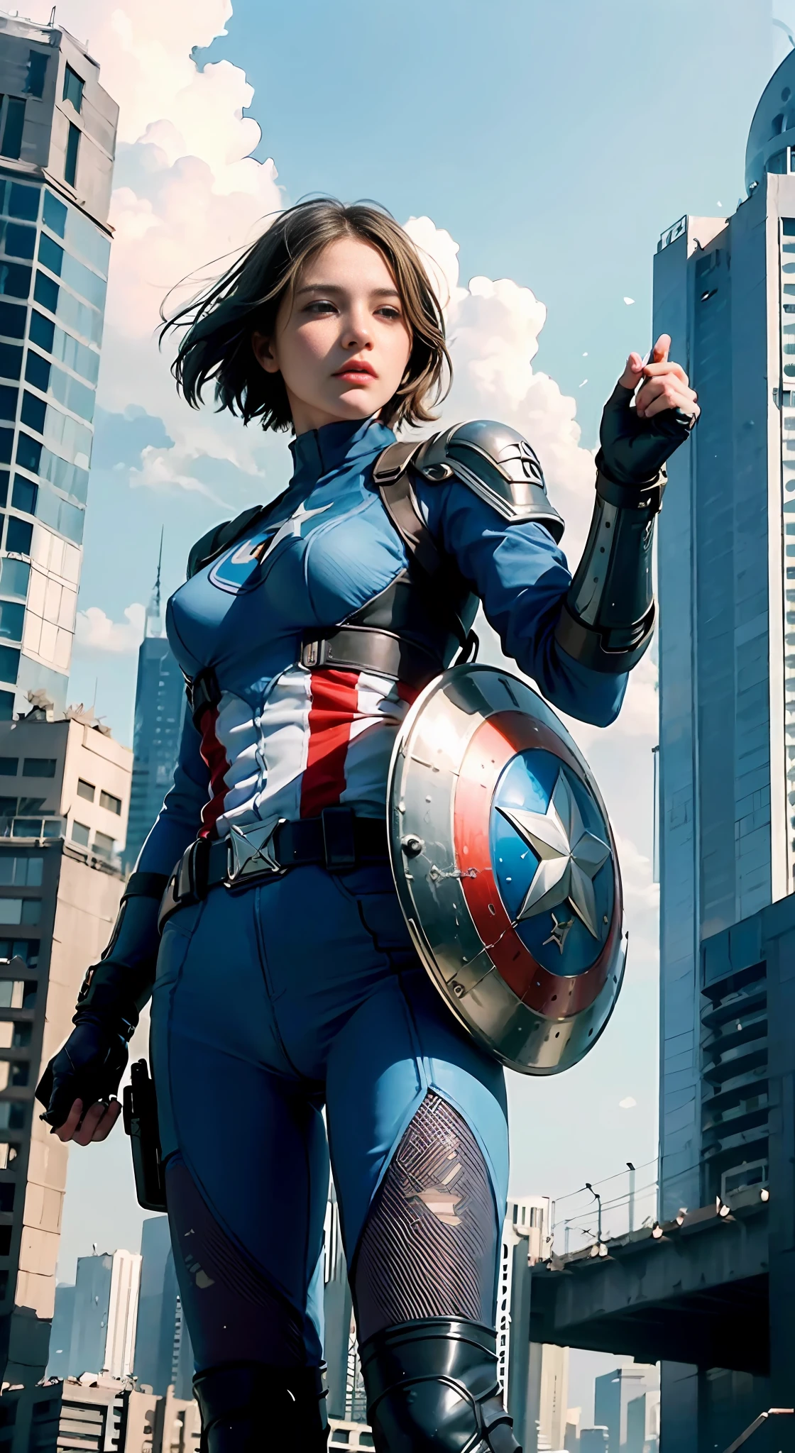 (1girl:1.3), solo, __body-parts__, official art, unified 8k wallpaper, super detailed, beautiful and aesthetic, beautiful, masterpiece, best quality, raw, masterpiece, super fine photo, best quality, super high resolution, photorealistic realism, sunlight, full-body portrait, amazing beauty, dynamic pose, delicate face, vibrant eyes, (from the front), she wears a futuristic Captain America jersey, blue color scheme, (holding a shield), A capital A on chest, very detailed abandoned warehouse background, detailed face, detailed complex busy background, messy, gorgeous, milky white, highly detailed skin, realistic skin details, visible pores, sharp focus, volumetric fog, 8k uhd, DSLR camera, high quality, film grain, fair skin, photo realism, lomography, huge metropolis in future dystopia, seen from below, translucent