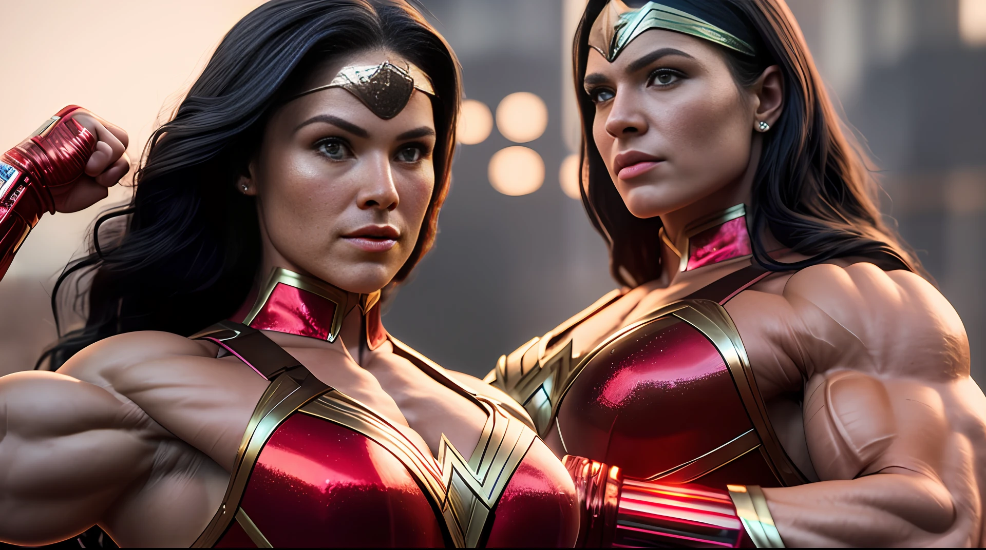Cinematic soft lighting illuminates a stunningly detailed and ultra-realistic Wonder Woman bodybuilder, muscular, super strong, red and blue armor, that is trending on ArtStation. Octane is the perfect tool to capture the softest details of this 16k photography masterpiece
