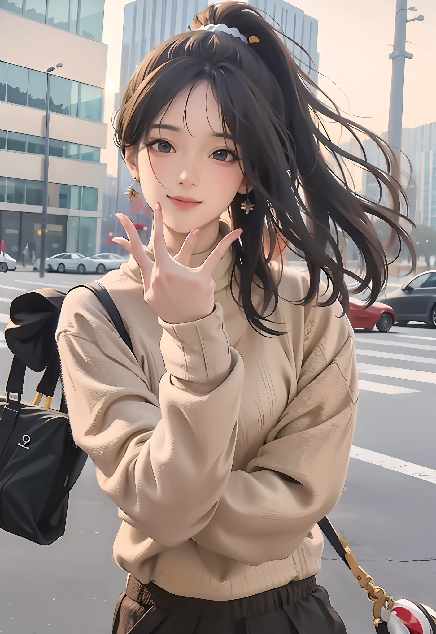 (goddess-like happiness:1.2), Kpop idol, 20 years old, brown eyes, ponytail, (RAW photo:1.2), (photorealistic:1.4), (masterpiece:1.3), (intricate details:1.2), delicate, beautiful detailed, (detailed eyes), (detailed facial features), (turtleneck sweater), petite, small breasts, narrow waist, (looking_at_viewer:1.2), big circle earrings, slim_legs, (skinny), (best quality:1.4), (ultra highres:1.2), cinema light, outdoors, (extreme detailed illustration), (lipgloss, eyelashes, best quality, ultra highres, depth of field, caustics, Broad lighting, natural shading, 85mm, f/1.4, ISO 200, 1/160s:0.75), dynamic pose,