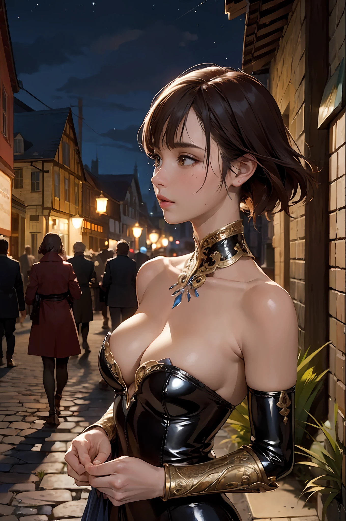 (masterpiece, best quality:1.4), (beautiful, perfect, delicate, detailed, intricate, aesthetic:1.2), realistic, cinematic shot, cinematic lighting, cinematic bloom, dramatic light, (1girl), woman walking through the streets of a medieval village, (fantasy, dark fantasy, epic), (perfect face, detailed face, glossy lips, eyeliner, blush),  (rogue black leather armor, bare shoulders, cleavage), (tavern, stone houses), (night:1.4), (cowboy shot),