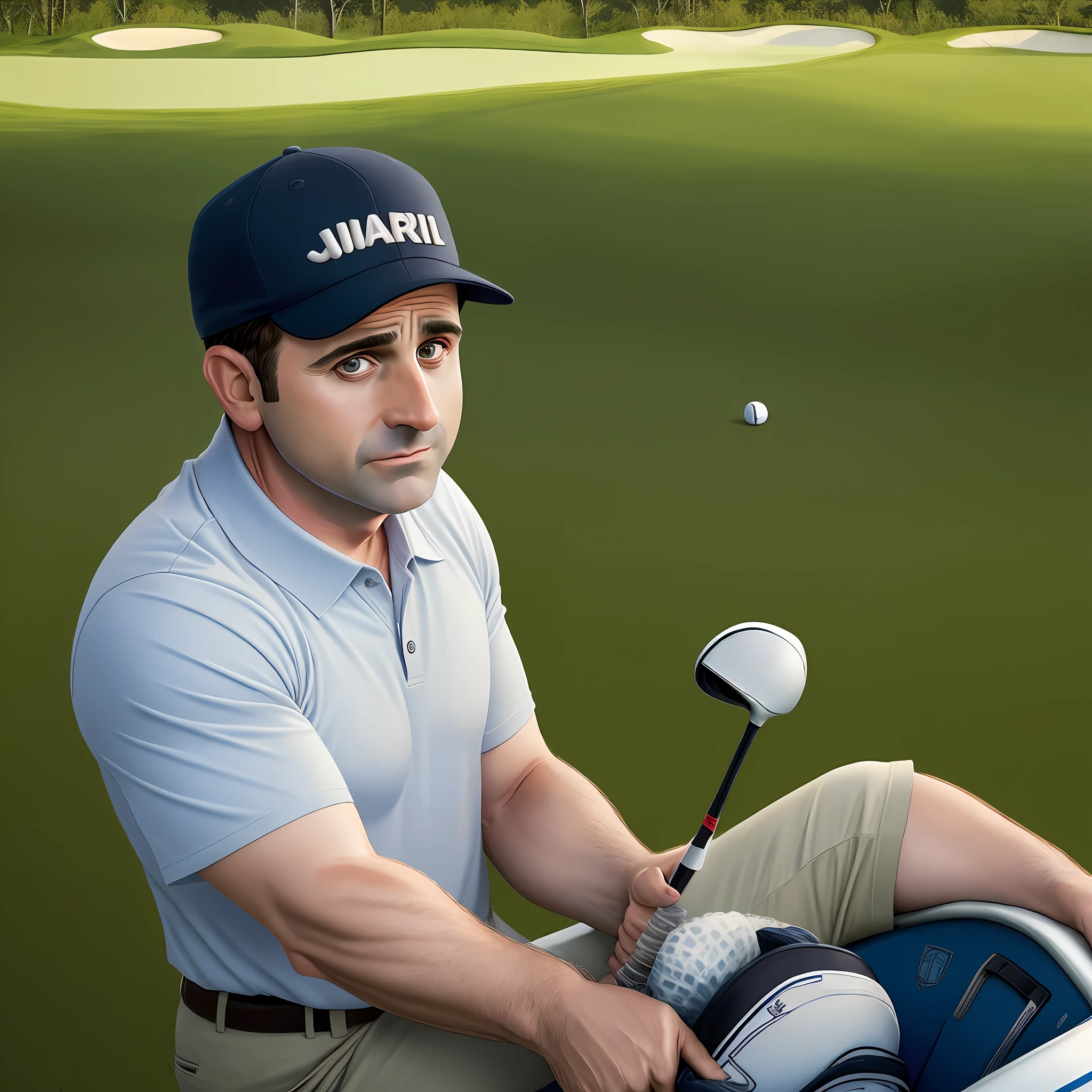 Steve Carrel, in a cap, drinking beer and playing golf