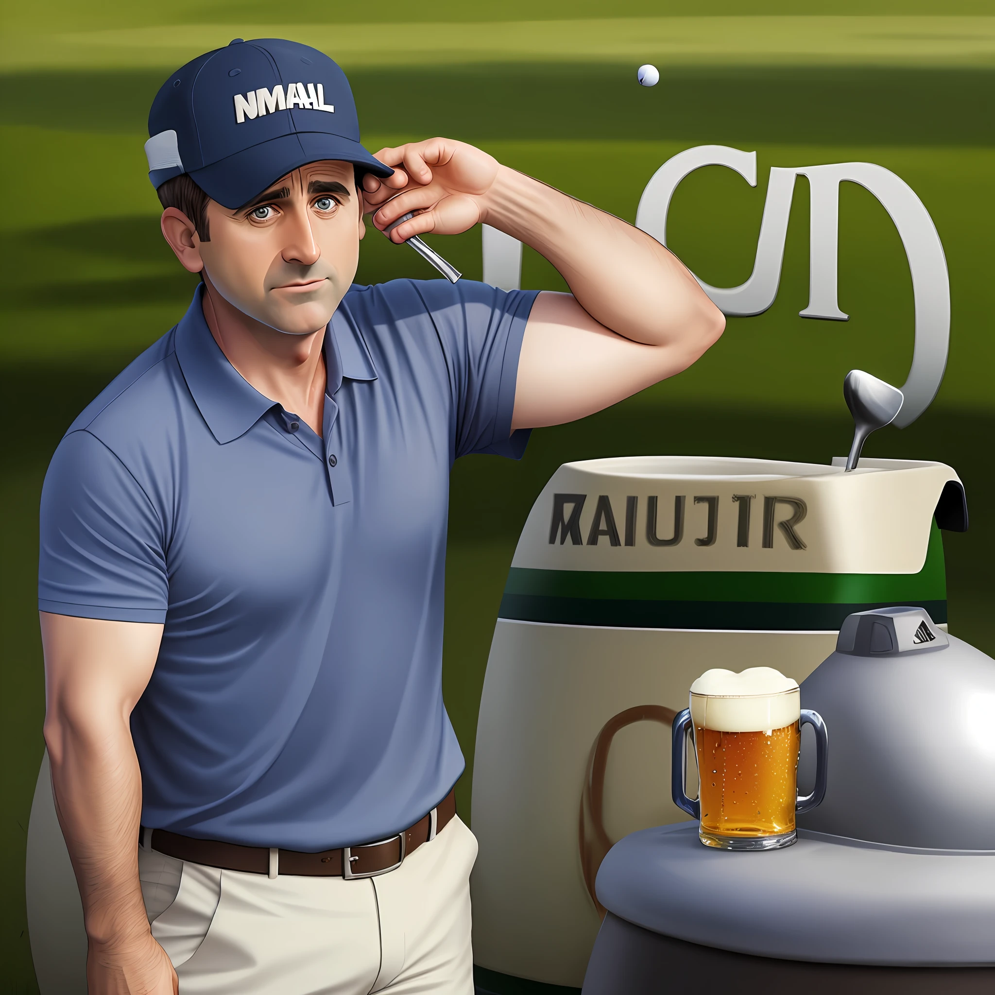 Steve Carrel, in a cap, drinking beer and playing golf