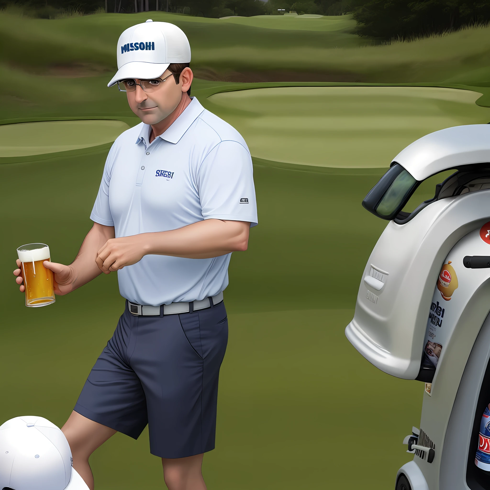 Steve Carrel, in a cap, drinking beer and playing golf
