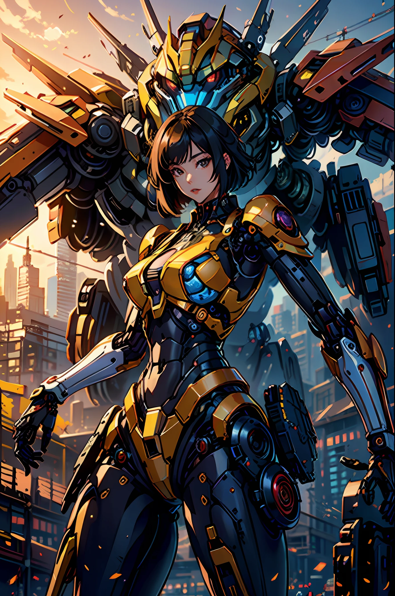 ((masterpiece, better quality)),illustration,ultra detailed 8k,photorealistic,sharp focus,very detailed,professional lighting,colorful details,iridescent colors BREAK extremely long plan of a factory,large mechanical robot construction,microchip,computer,glossy, intricate details,shitu-mecha,1girl stands next to Mecha, Gundam, navel, cute, sexy, eyes ultra detailed,