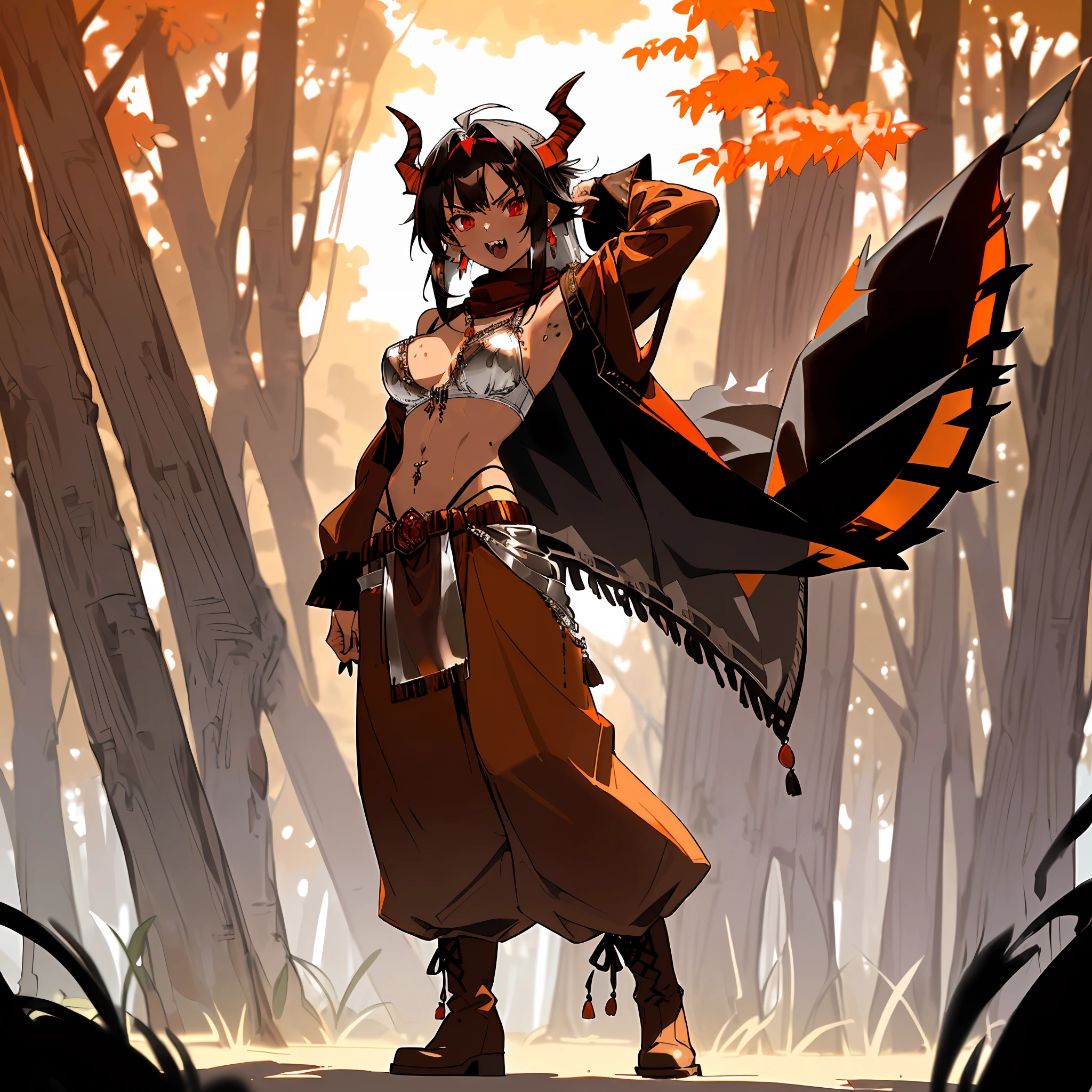 ((solo character, vibrant colors, masterpiece, best quality, full body, beautiful hands, sexy pose, arms above head, hands behind head, arched back)), slim anime girl standing on grass at sunset, ((forest background)), dark lighting, bones, blood, black hair, ((black hair, long and messy hair, long and messy bangs, red eyes, black skin, red horns)), black skin, open mouth, sharp teeth, angry expression, tusks, fangs, medium breasts, ((brown shawl, brown robe, long transparent sleeves over hands, exposed stomach, silver bellybutton piercing with jewels, orange pants)), torn clothing, wet skin, water on skin, multiple silver bracelets with jewels, multiple silver earrings with jewels, multiple silver hair ornaments with jewels, brown boots, ((silver bra with jewels))