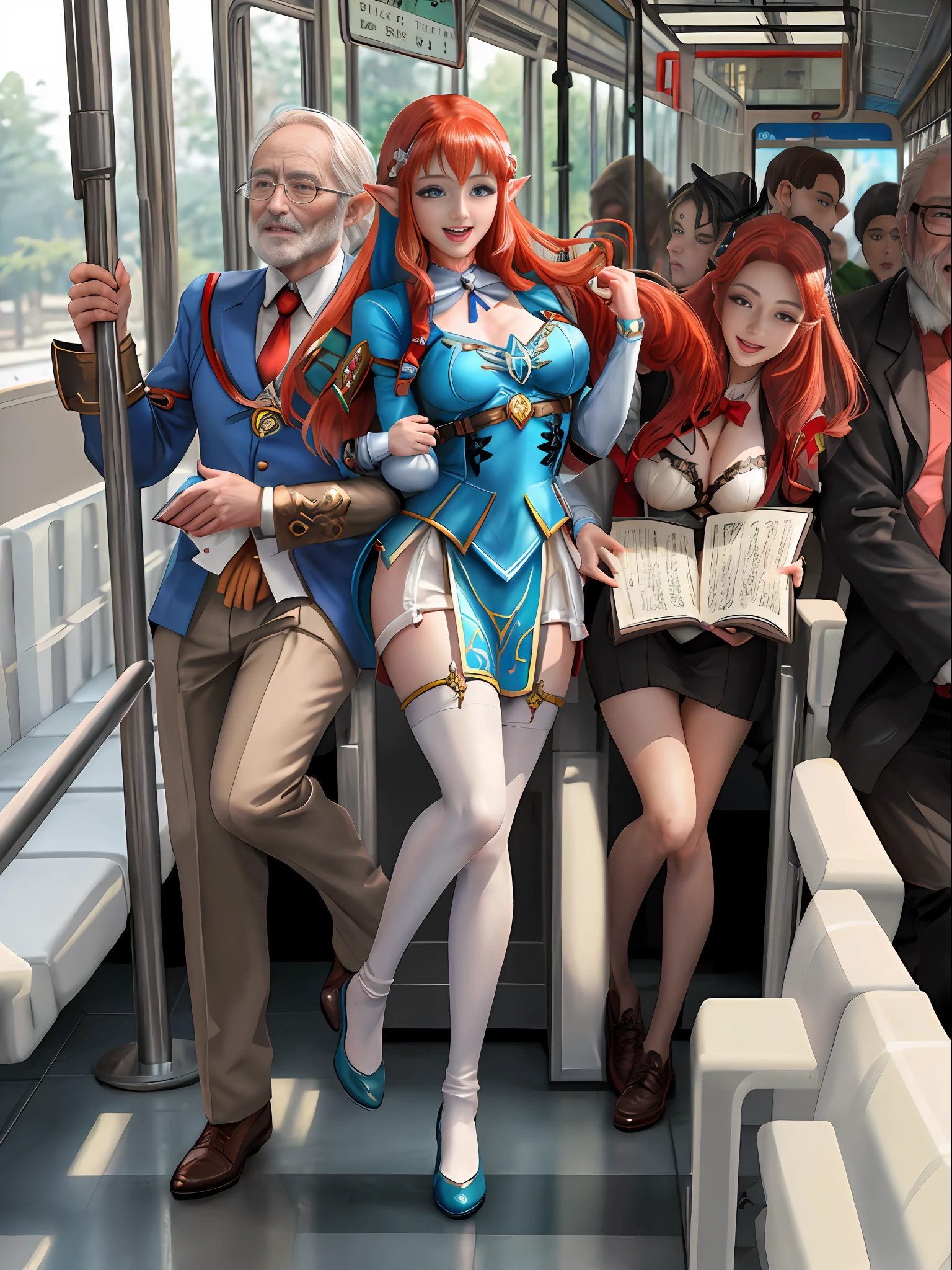 Full body image, ((bus crowded with several Men around Princess Zelda in Ultraman costume)), elderly hairy old man with glasses 90 years old bearded holding her from behind. She has huge breasts, red hair in the wind, green eyes light, her outfit has a black shirt with a white shot and a white corset. They are all around her to cover up the old man's actions. She is happy giving a beautiful smile and showing off. Anime style, 16k, max quality, max resolution, sharp focus, she is holding a book.