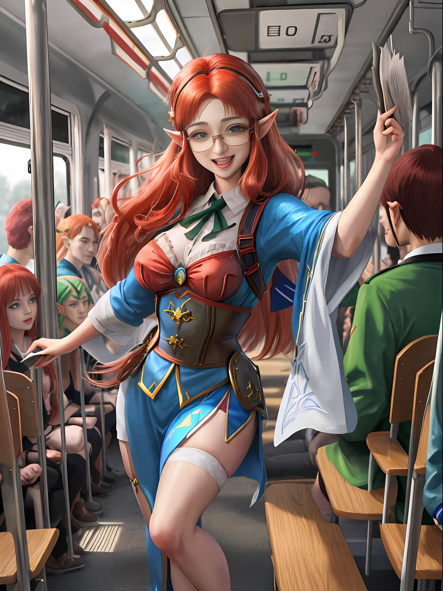 Full body image, ((bus crowded with several Men around Princess Zelda in Ultraman costume)), elderly hairy old man with glasses 90 years old bearded holding her from behind. She has huge breasts, red hair in the wind, green eyes light, her outfit has a black shirt with a white shot and a white corset. They are all around her to cover up the old man's actions. She is happy giving a beautiful smile and showing off. Anime style, 16k, max quality, max resolution, sharp focus, she is holding a book.
