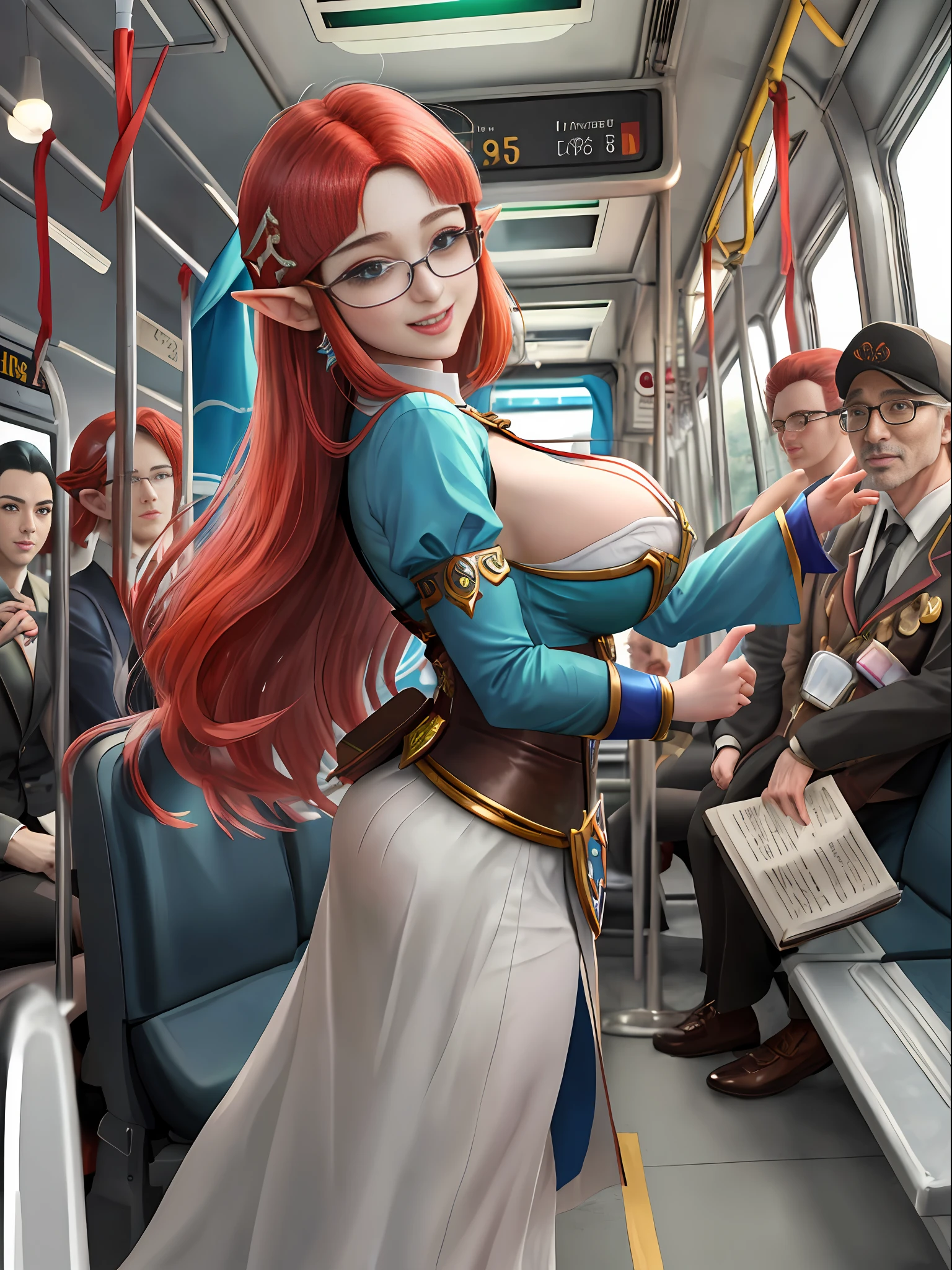 Full body image, ((bus crowded with several Men around Princess Zelda in Ultraman costume)), elderly hairy old man with glasses 90 years old bearded holding her from behind. She has huge breasts, red hair in the wind, green eyes light, her outfit has a black shirt with a white shot and a white corset. They are all around her to cover up the old man's actions. She is happy giving a beautiful smile and showing off. Anime style, 16k, max quality, max resolution, sharp focus, she is holding a book.