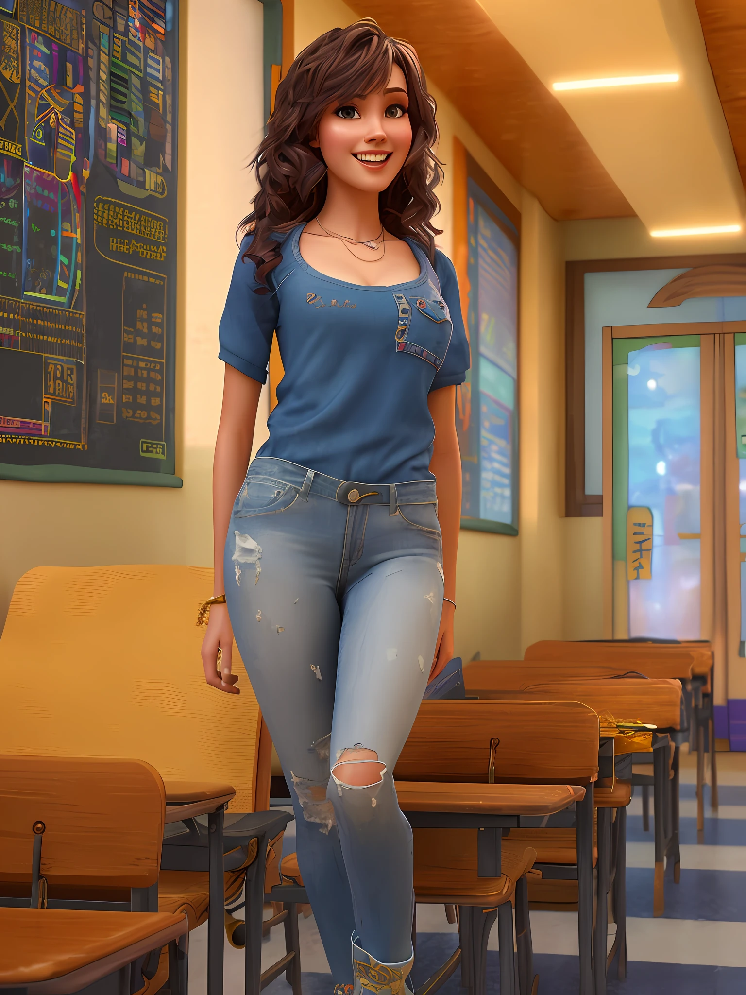 pixarstyle a full body portrait of a young woman Sexy, smile, school, natural skin texture, 4k textures, hdr, intricate, highly detailed, sharp focus, cinematic visual, hyper-detailed