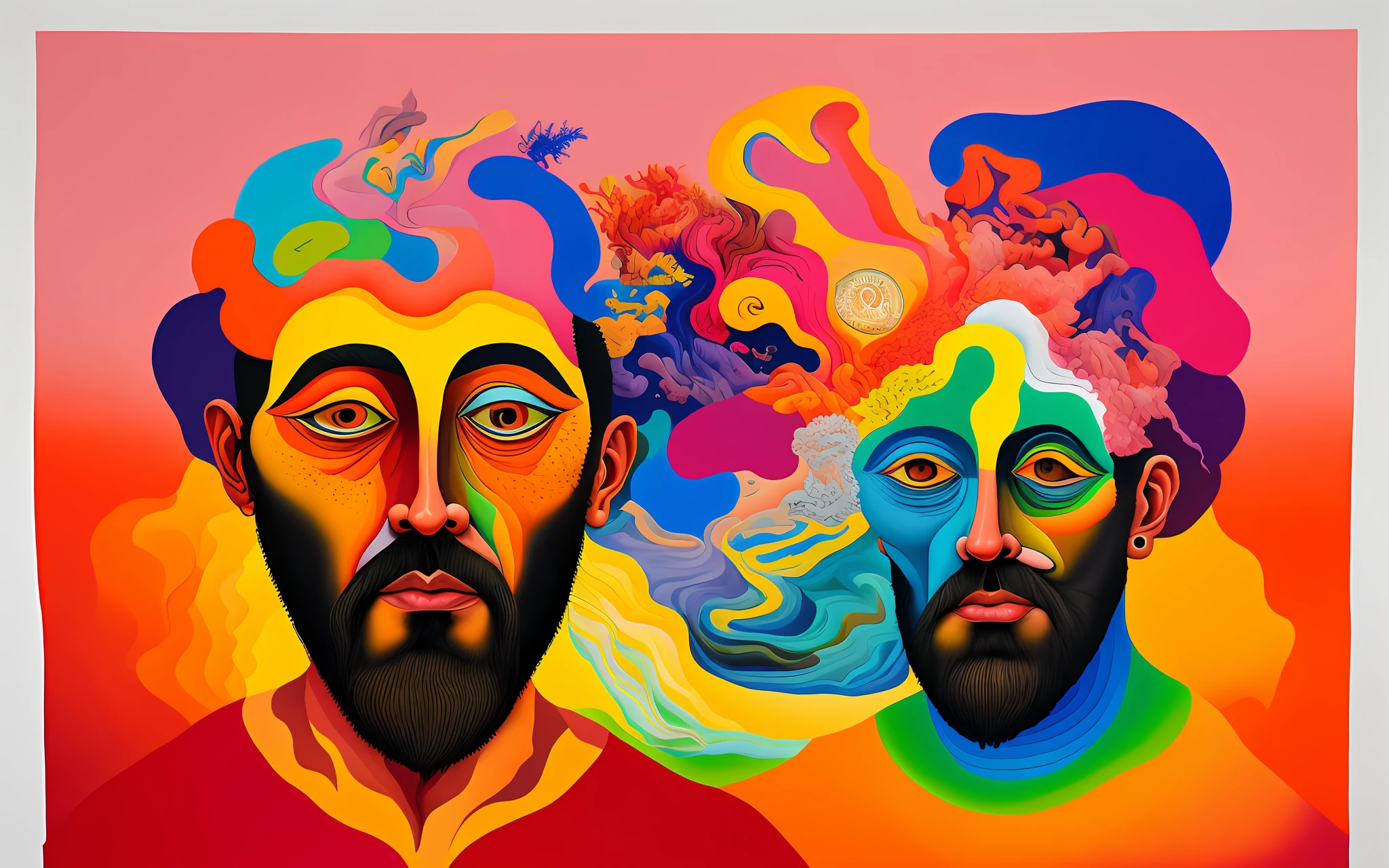 surreal gouache portrait painting of a man opening the fabric of creation, vivid colors