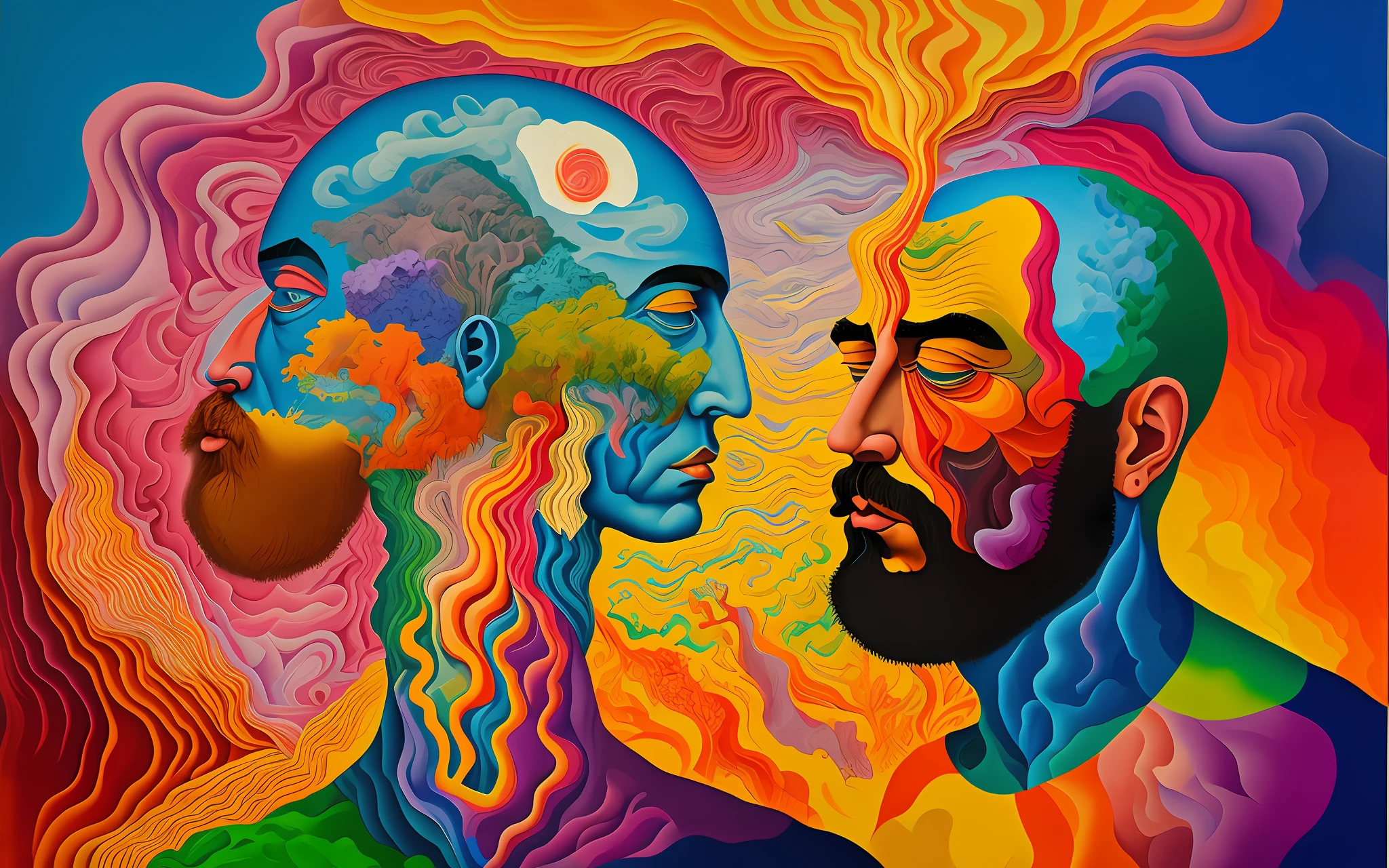 surreal gouache portrait painting of a man opening the fabric of creation, vivid colors