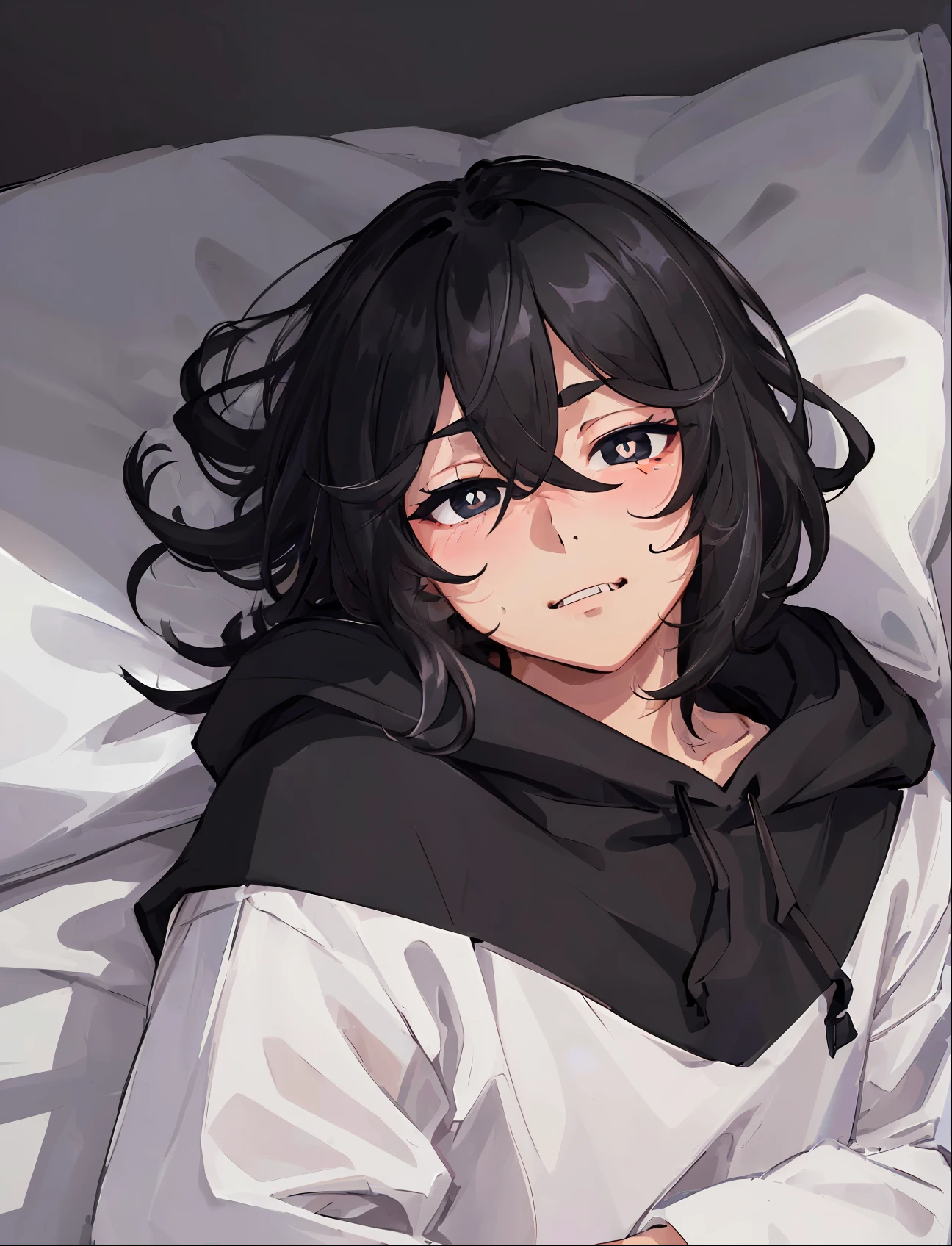 ((highest quality, masterpiece, 4k, finely detailed, detailed eyes, detailed face, gelbooru, pixiv)), warm lighting, ((solo)), 1 male, handsome, masculine, adult male, older guy, broad shoulders, closeup of face, ((black chin hair)), portrait, grinning with fangs, slight blush on cheeks, looking at viewer, ((lazy eyes, half-lidded, tired eyes, eyebags under eyes, black eyes with white pupils)), wearing modern clothing, (black hoodie with logo design, sweatpants), ((lying on bed, bird's eye view)), ((black hair, medium length hair, shaggy hairstyle, messy hair))