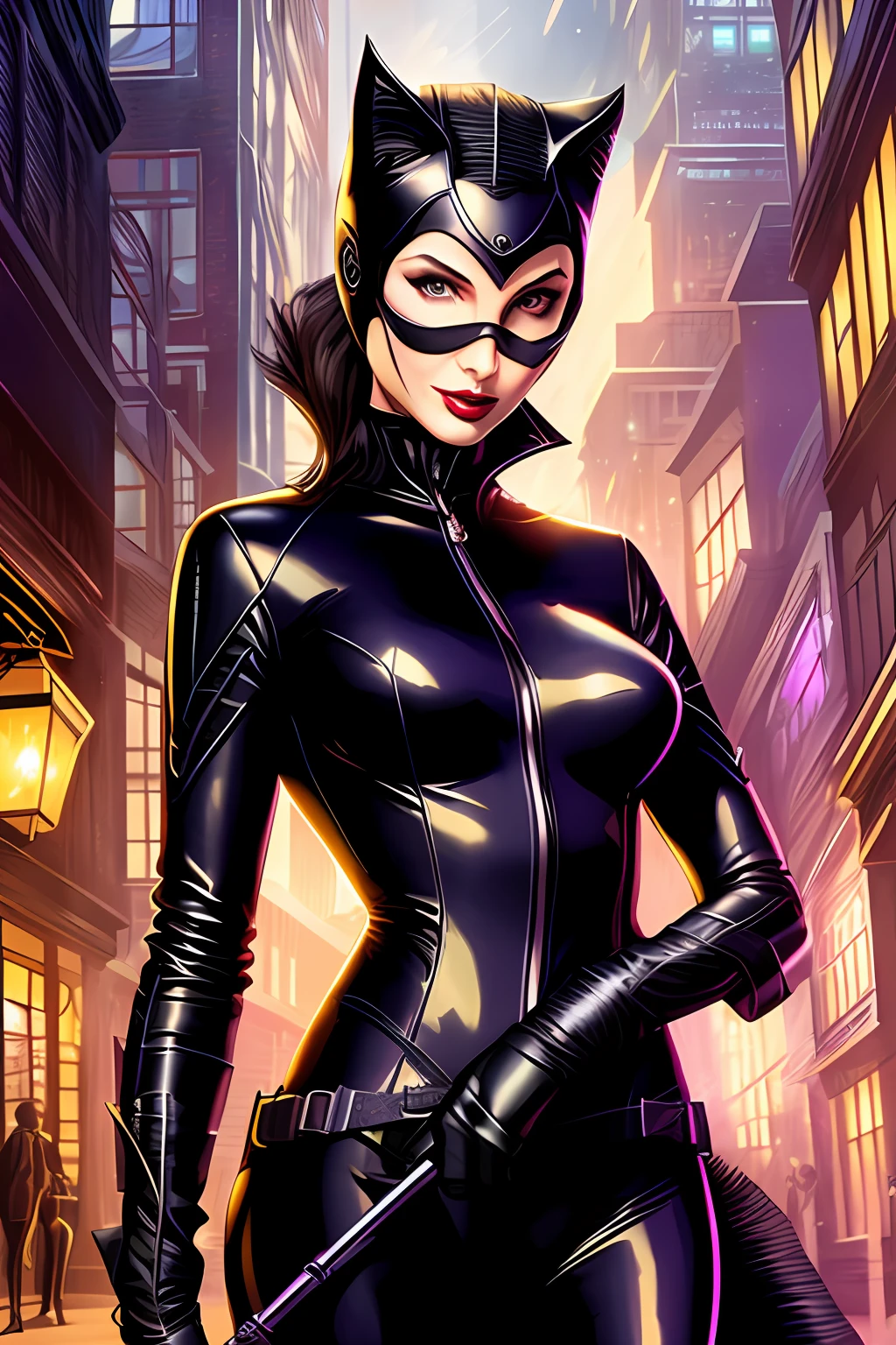 digital art of Catwoman fidelity to DC comics designs, a sensual, aggressive, intense, crazed catwoman, with sharp claws, she is loose in the luxurious alleys of gotham city, detailed, high definicion, ultra resolution, 64k,