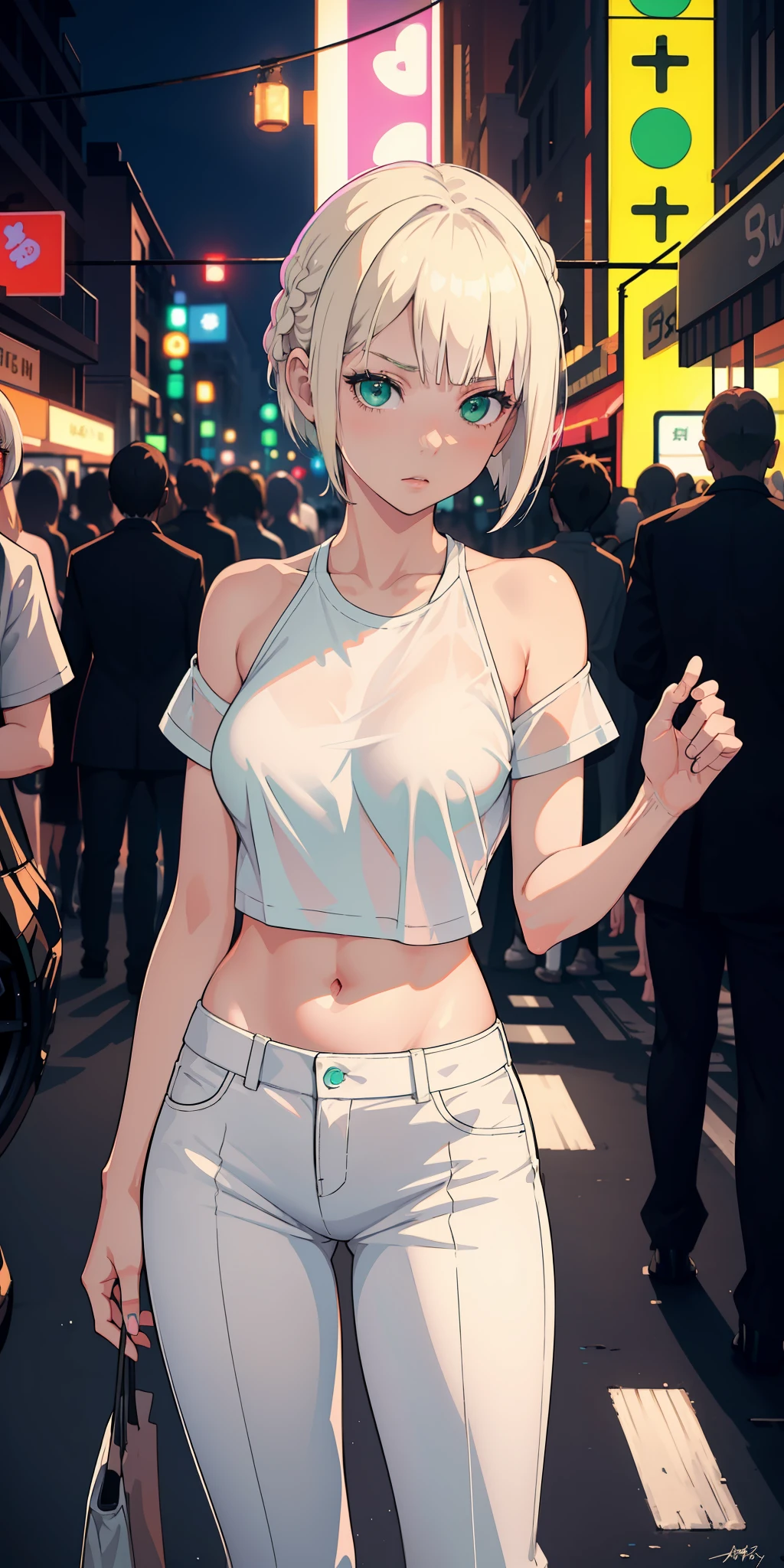 masterpiece, best quality, nsfw, 1girl, platinum blonde hair, short hair, green eyes, braids, small perky breasts, on the street, night, neon light, white t-shirt, braless, black pants, poker face, front view, standing, in crowd,