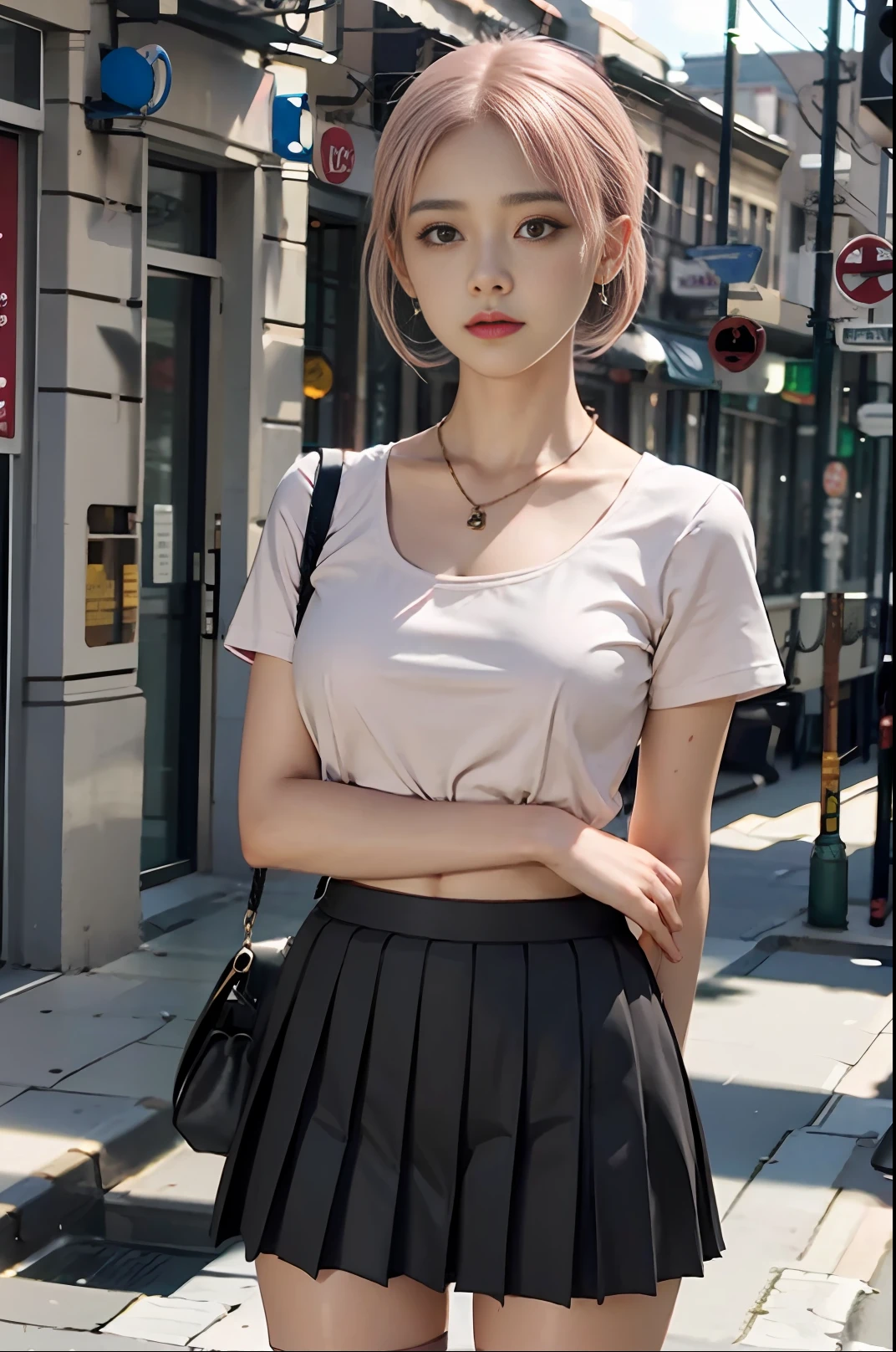 Masterpiece, 1 girl, waist up, faint smile, shiny skin, best quality, masterpiece, (realistic: 1.4), school uniform, pleated skirt, black stockings, background blur, (large aperture: 1.2), pink hair, necklace, earrings