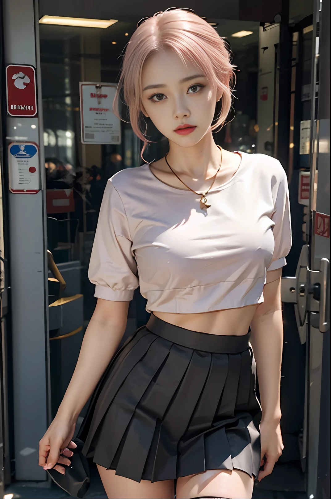 Masterpiece, 1 girl, waist up, faint smile, shiny skin, best quality, masterpiece, (realistic: 1.4), school uniform, pleated skirt, black stockings, background blur, (large aperture: 1.2), pink hair, necklace, earrings