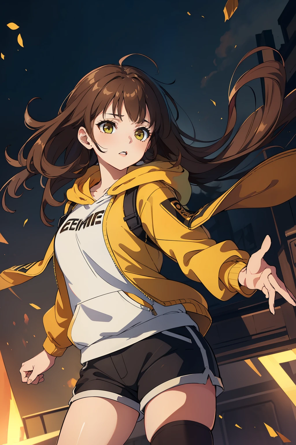 (extremely detailed CG unity 8k wallpaper,masterpiece, best quality, ultra-detailed),(best illumination, best shadow, an extremely delicate and beautiful),floating,high saturation,

[(1girl),((brown long hair):(brown hair:1.3)|(black hair:0.8)),green eyes,graffiti-style clothes,shorts and hoodie,dynamic pose,wide shot]:0.6