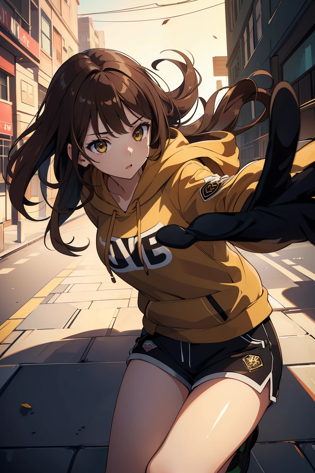 (extremely detailed CG unity 8k wallpaper,masterpiece, best quality, ultra-detailed),(best illumination, best shadow, an extremely delicate and beautiful),floating,high saturation,

[(1girl),((brown long hair):(brown hair:1.3)|(black hair:0.8)),green eyes,graffiti-style clothes,shorts and hoodie,dynamic pose,wide shot]:0.6