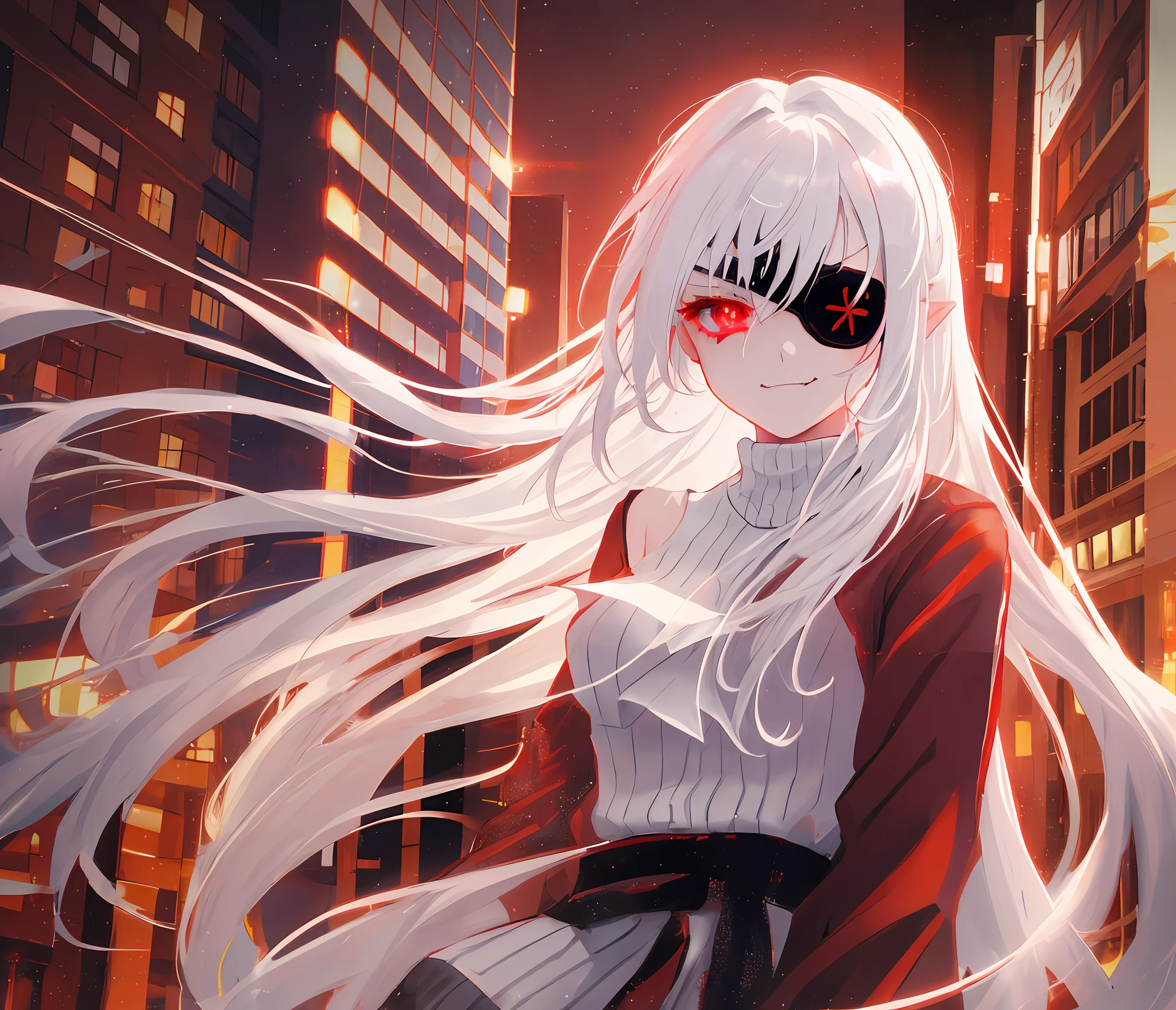 1girl, (solo), anime girl with long white hair and red eyes, girl with white hair, girl in white turtleneck, ((eyepatch)), pointed ears, ((vampire)), smirk, smug, closed mouth, cowboy shot, perfect white haired girl, white haired deity, digital cyberpunk anime art, turtleneck, cardigan, lens flare, ((dramatic lighting)), soft glowing red eyes, extremely detailed, masterpiece, looking at viewer, city in background, (night)