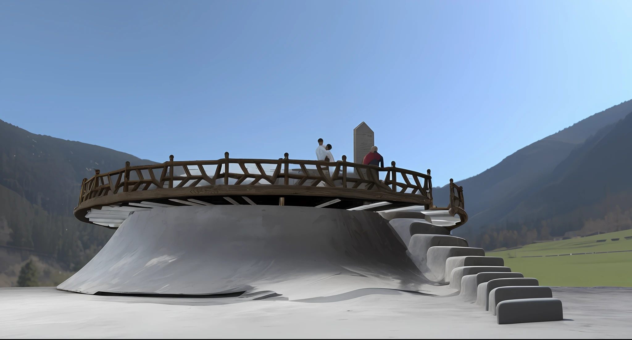 there is a man standing on a bridge over a skateboard ramp, detail render, scene render, rendered in unreal engine 3, enscape render, physical based render, final render, high level texture render, octain render, octae render, finalrender, rendered on unreal 3 d, rendered in 3 dsmax, 3d final render, wooden bridge, fantasy render