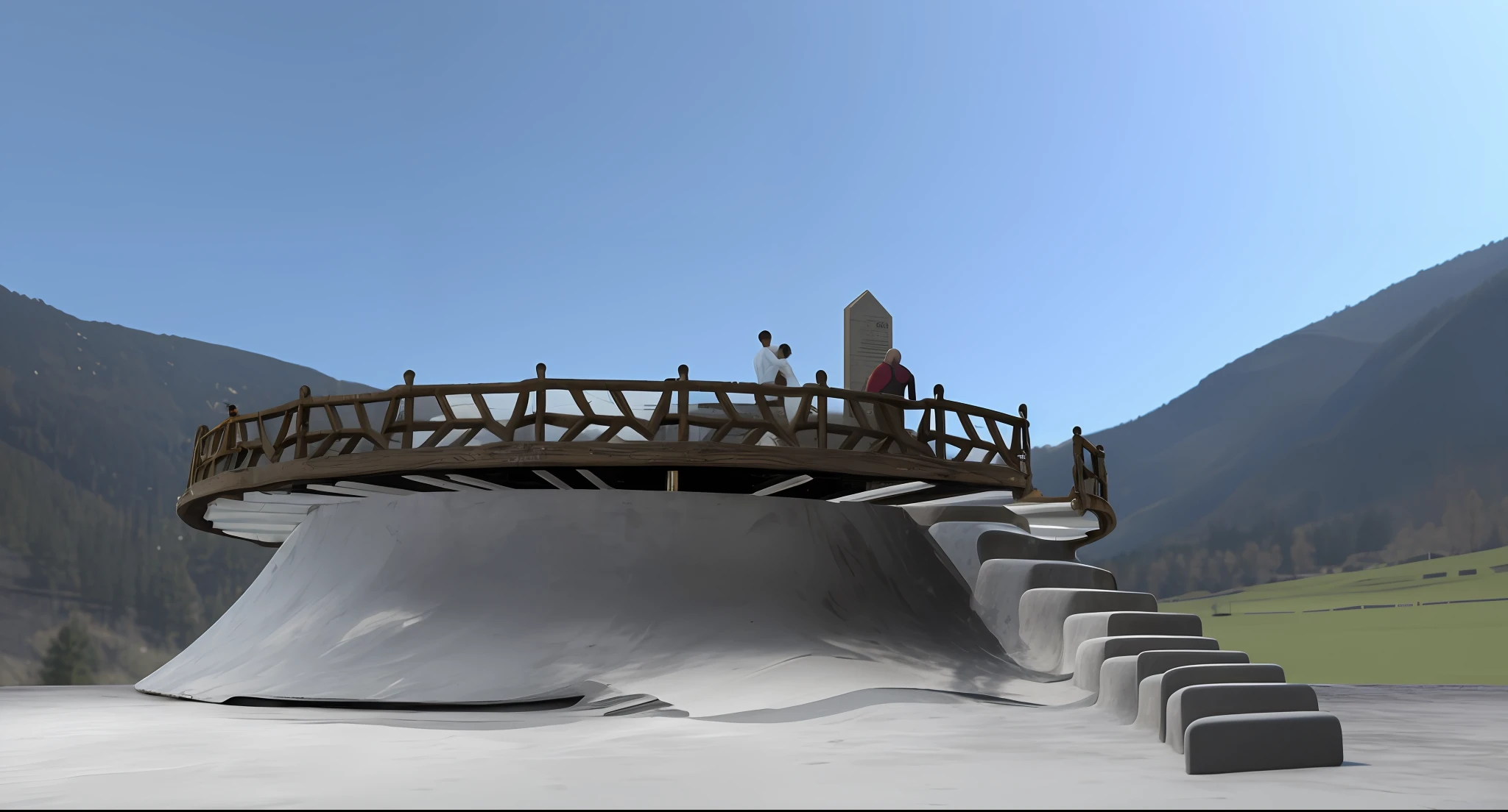 there is a man standing on a bridge over a skateboard ramp, detail render, scene render, rendered in unreal engine 3, enscape render, physical based render, final render, high level texture render, octain render, octae render, finalrender, rendered on unreal 3 d, rendered in 3 dsmax, 3d final render, wooden bridge, fantasy render