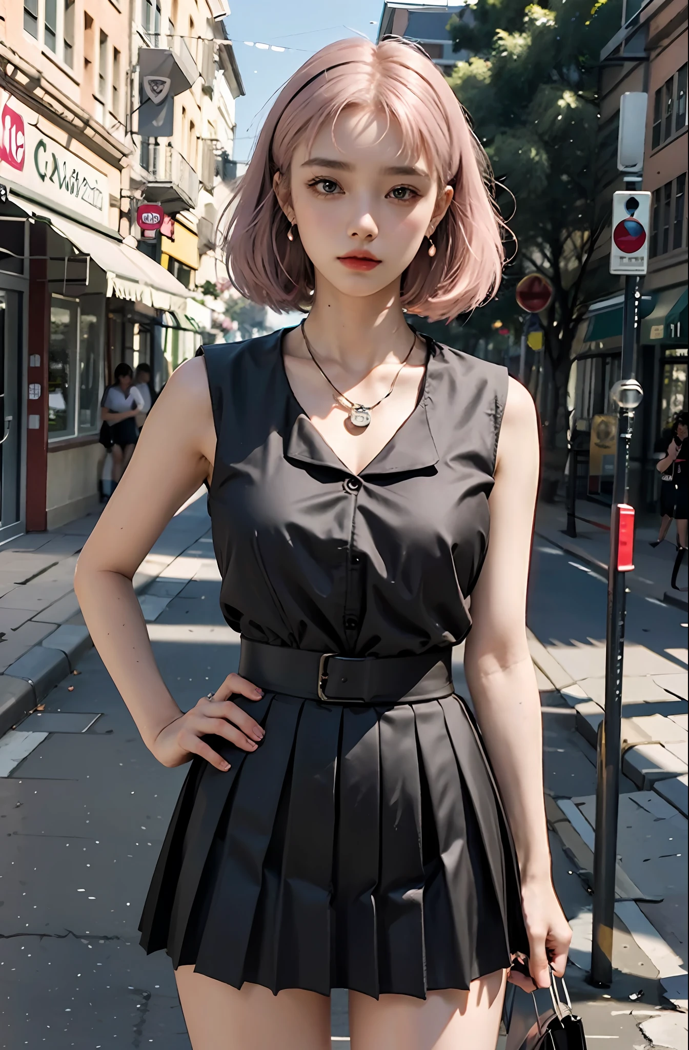 Masterpiece, 1 girl, waist up, faint smile, shiny skin, best quality, masterpiece, (realistic: 1.4), school uniform, pleated skirt, black stockings, background blur, (large aperture: 1.2), pink hair, necklace, earrings