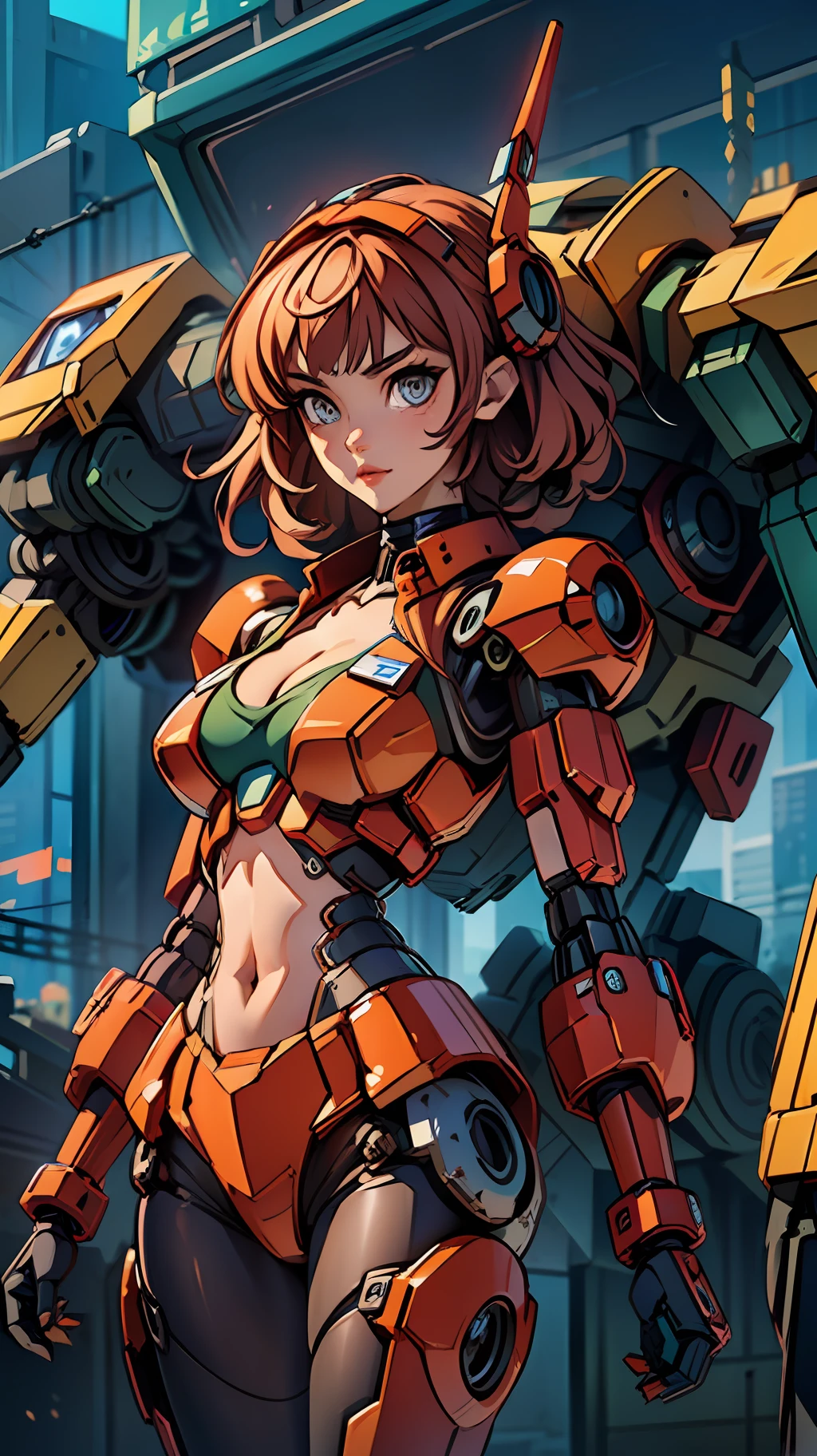 ((masterpiece, better quality)),illustration,ultra detailed 8k,photorealistic,sharp focus,very detailed,professional lighting,colorful details,iridescent colors BREAK extremely long plan of a factory,large mechanical robot construction,microchip,computer,glossy, intricate details,shitu-mecha,1girl stands next to Mecha, Gundam, navel, cute, sexy, eyes ultra detailed,