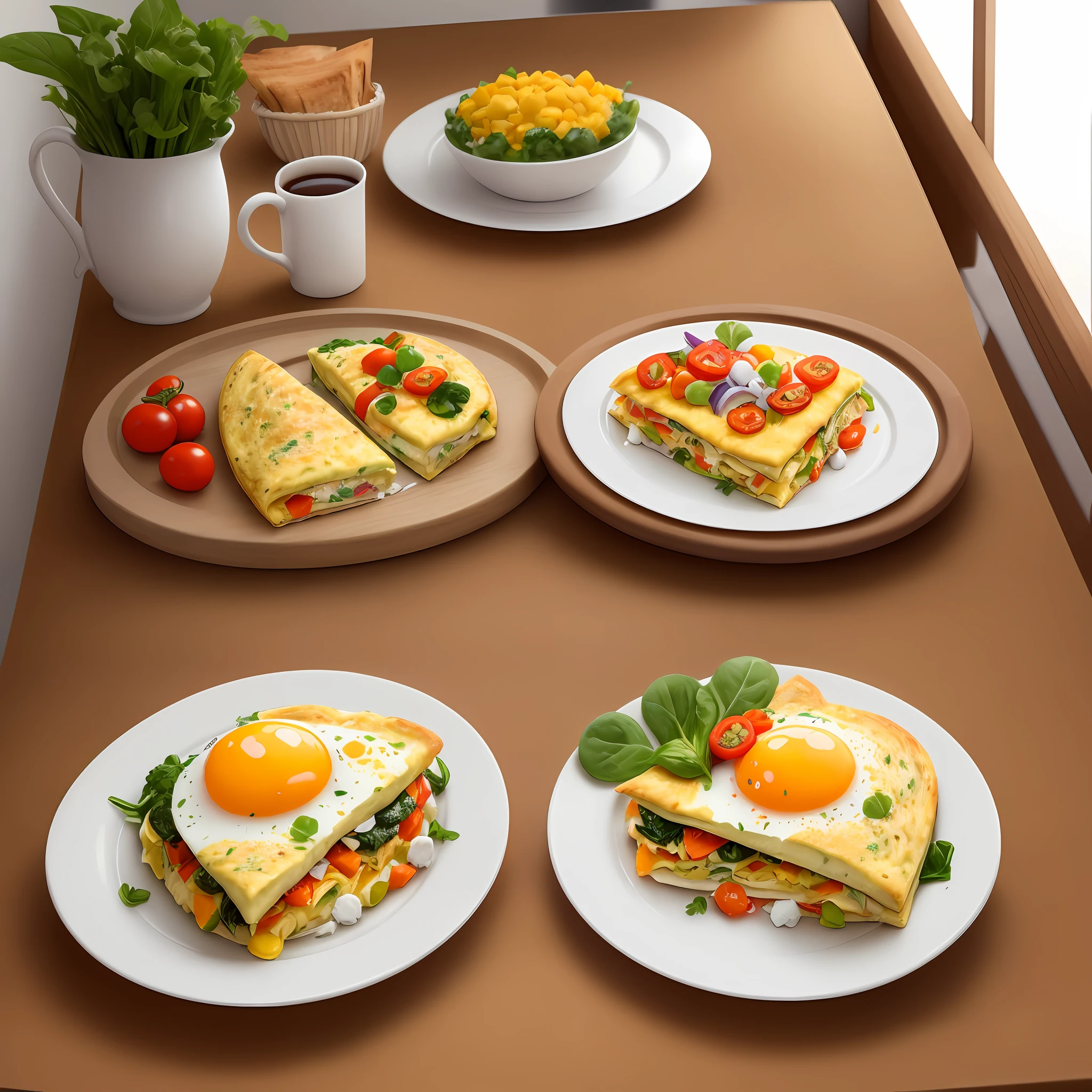 The image shows a delicious egg white omelet with colorful vegetables. The omelet is golden and fluffy, filled with vibrant pieces of spinach, tomatoes, peppers and onions. The vegetables add a touch of color and freshness to the omelet. The soft, juicy texture of the dish is enhanced by the bright tones of the ingredients. The omelet is folded in half, revealing an interior full of flavor and nutrients. Next to the plate, there is a cup of fresh coffee and a slice of lightly toasted wholemeal bread. The image conveys the idea of a healthy and balanced breakfast, perfect for those who seek to lose weight and eat nutritiously. The vibrant colors and fresh ingredients stand out, inviting viewers to try this fitness recipe.