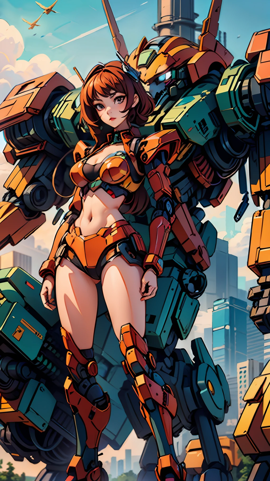 ((masterpiece, better quality)),illustration,ultra detailed 8k,photorealistic,sharp focus,very detailed,professional lighting,colorful details,iridescent colors BREAK extremely long plan of a factory,large mechanical robot construction,microchip,computer,glossy, intricate details,shitu-mecha,1girl stands next to Mecha, Gundam, navel, cute, sexy, eyes ultra detailed,