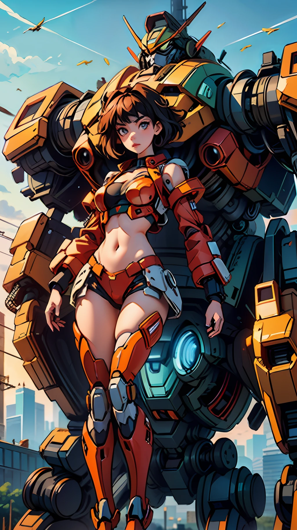 ((masterpiece, better quality)),illustration,ultra detailed 8k,photorealistic,sharp focus,very detailed,professional lighting,colorful details,iridescent colors BREAK extremely long plan of a factory,large mechanical robot construction,microchip,computer,glossy, intricate details,shitu-mecha,1girl stands next to Mecha, Gundam, navel, cute, sexy, eyes ultra detailed,