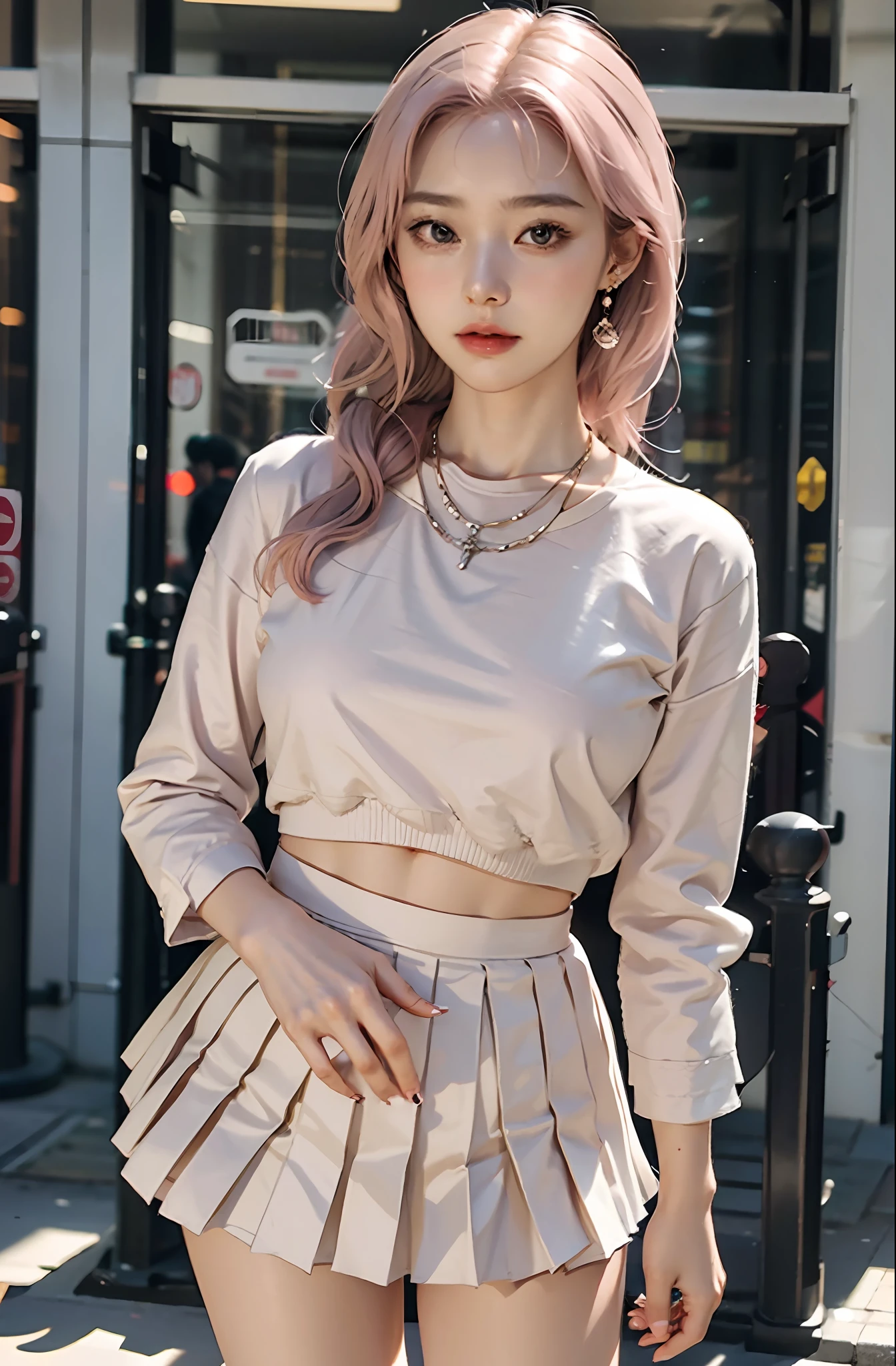 Masterpiece, 1 girl, waist up, faint smile, shiny skin, best quality, masterpiece, (realistic: 1.4), school uniform, pleated skirt, black stockings, background blur, (large aperture: 1.2), pink hair, necklace, earrings