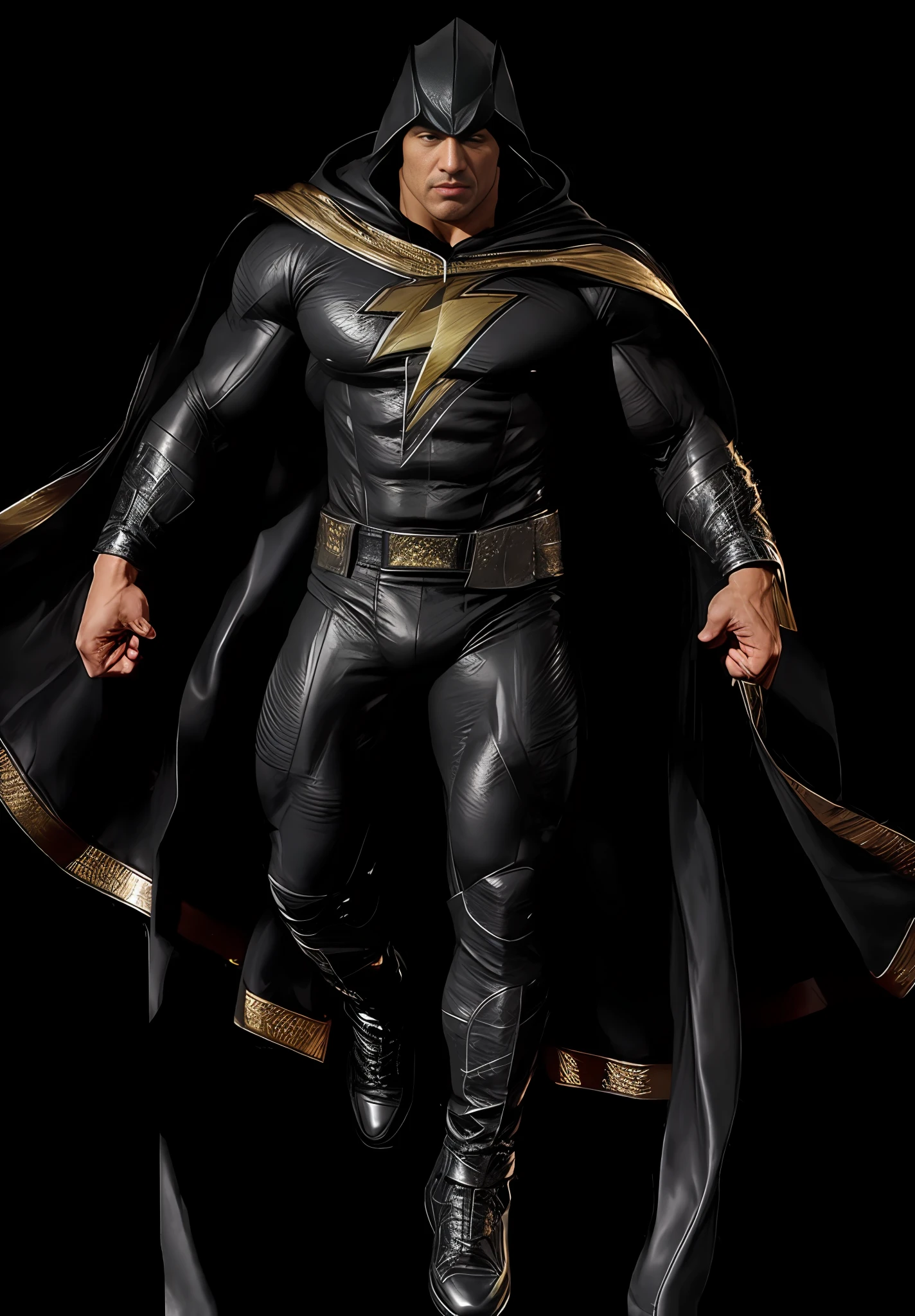 The rock, black Adam, super muscular body, leather suit, lightning on the chest.