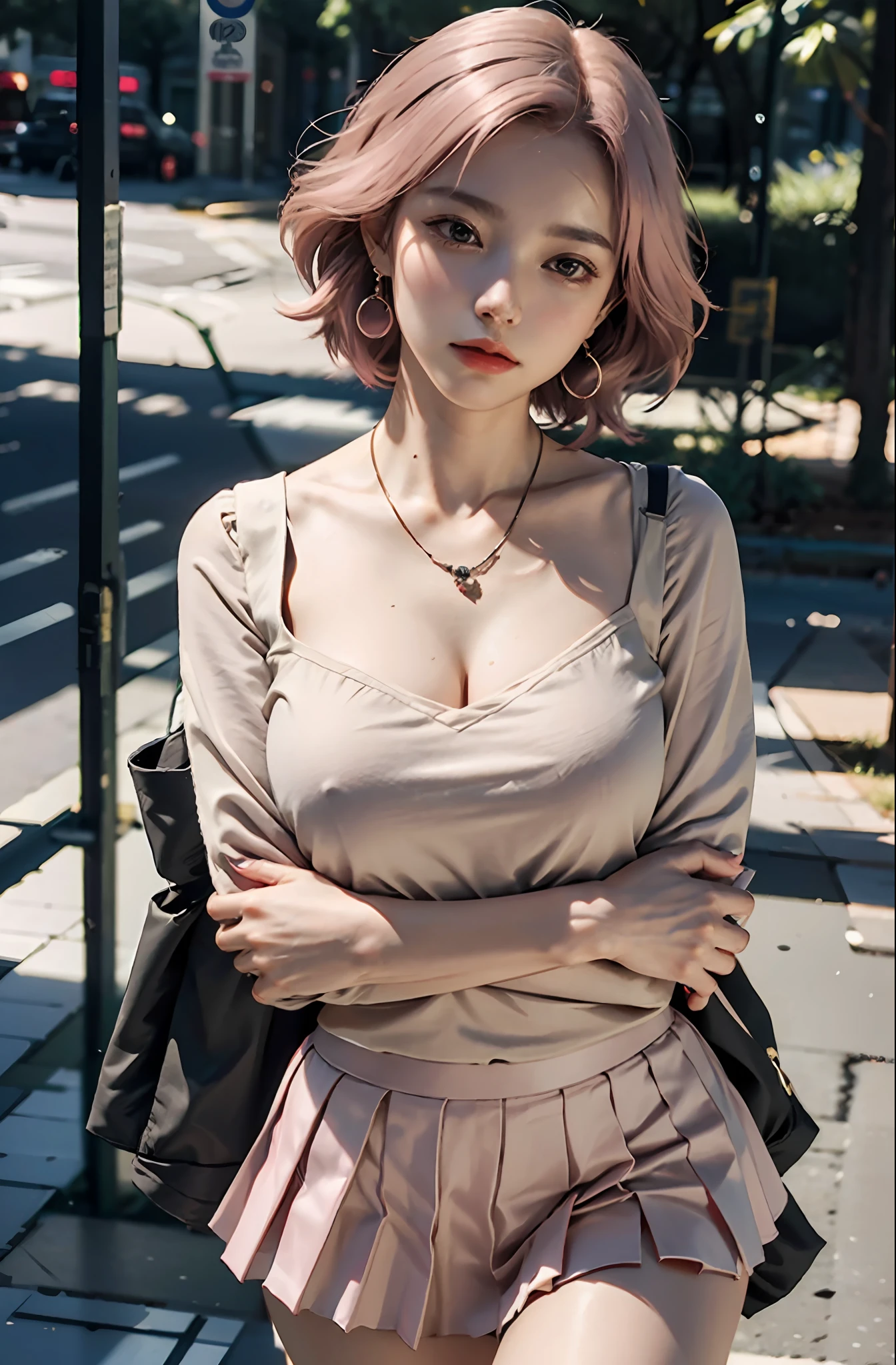 Masterpiece, 1 girl, waist up, faint smile, shiny skin, best quality, masterpiece, (realistic: 1.4), school uniform, pleated skirt, black stockings, background blur, (large aperture: 1.2), pink hair, necklace, earrings