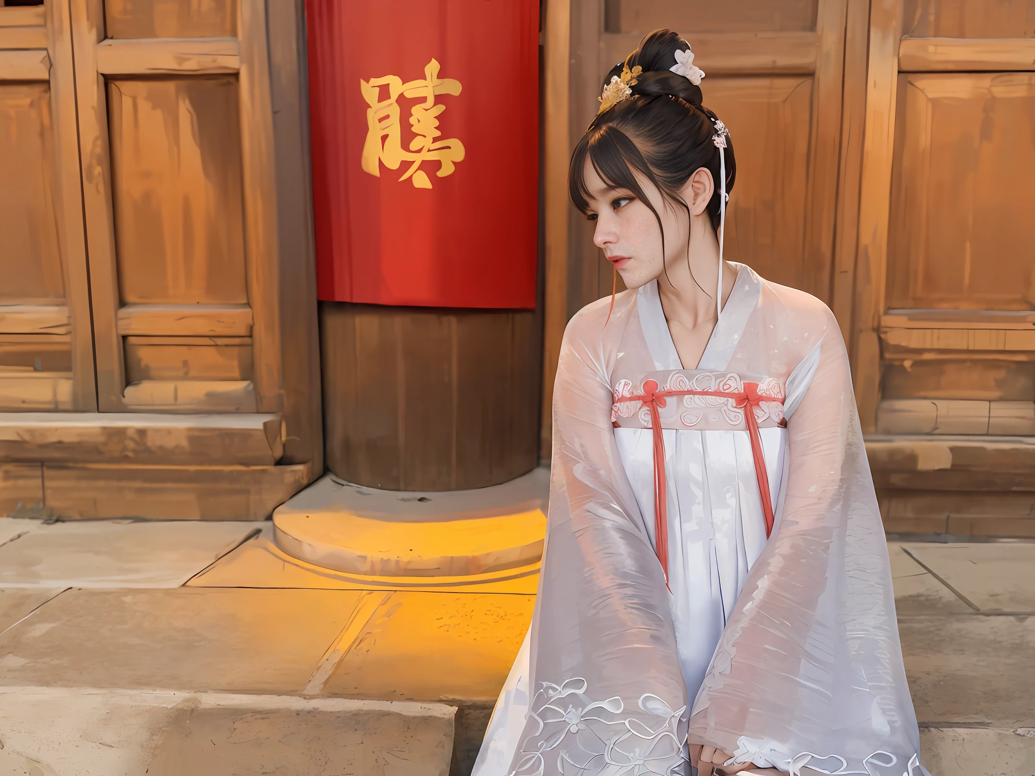 there is a woman sitting on the steps of a building, palace ， a girl in hanfu, hanfu, white hanfu, wearing ancient chinese clothes, with acient chinese clothes, traditional beauty, clothed in ancient street wear, traditional chinese clothing, in kimono, traditional clothes, 奈良美智, chinese costume, traditional dress