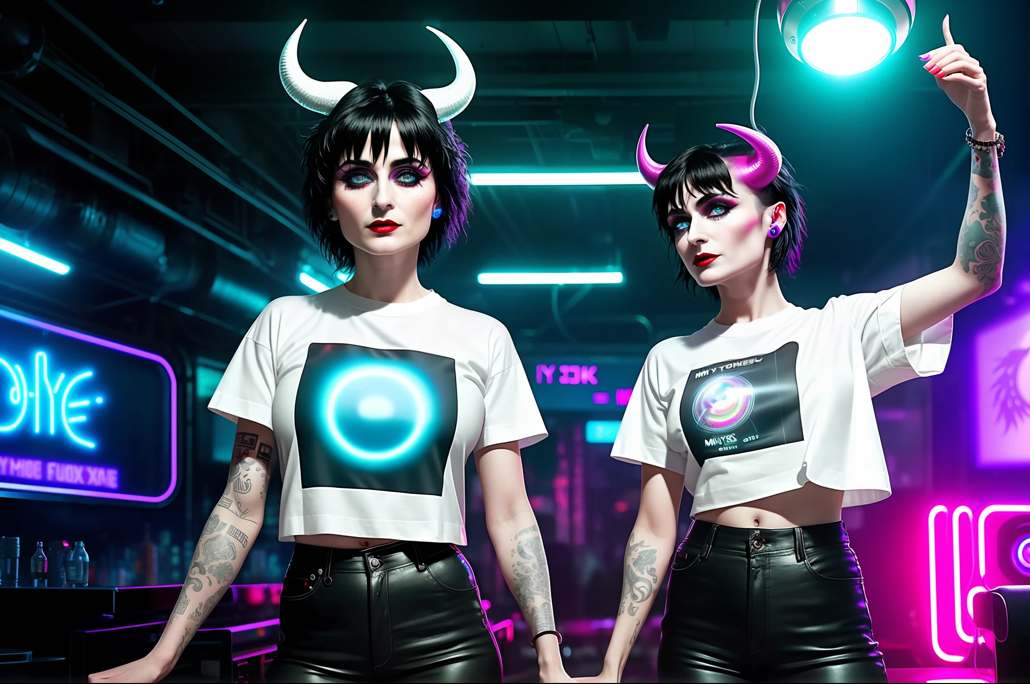 Siouxsie Sioux young, ((wearing white T-shirt, wide, with folded sleeves, no bra)) ((lighting shafts)) masterpiece, high quality raw photo, cinematic lighting, cinematic colors, extremely detailed, best quality, photorealistic, ultra realistic, radiosity, 8k hdr, daylight, ((front position)), red horns, angelic face, ((mysterious environment)), vintage furniture, club style matrix movie, (futuristic monsters)) vintage and futuristic mix, industrial decoration, ((inspired by mystical illustrators)), dance club with tattooed people dancing, ((points of intense lights on neon billboards)), (((10k quality))), realistic hyper, professional photo, drugged people.
