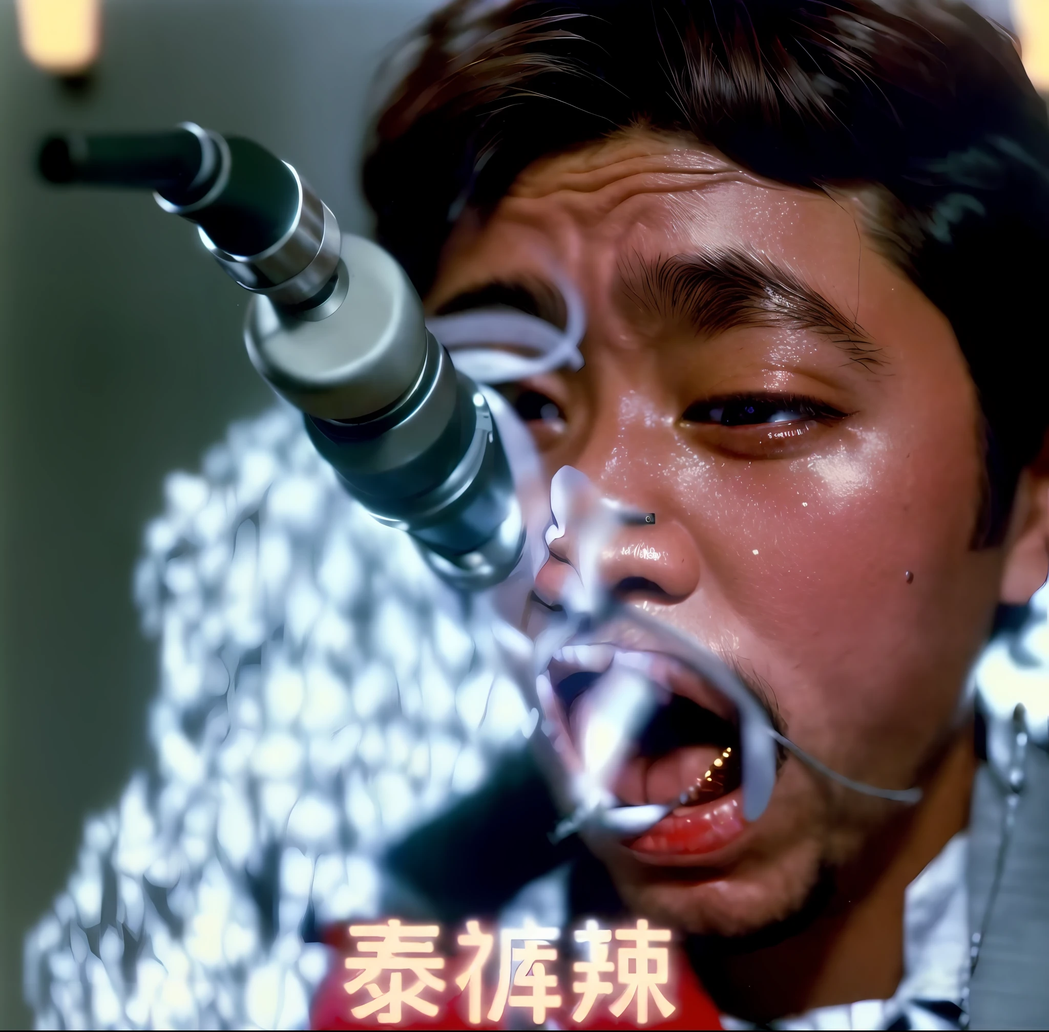 There is a microphone in the mouth, VHS footage stills, VHS screenshots, Japanese horror movie clips, YouTube video screenshots, Yuda Chiba, 1985 videotape stills, 1 9 8 6 movie screenshots, 90s Japan, Giga Chad Crying, futuristic Tetsuo