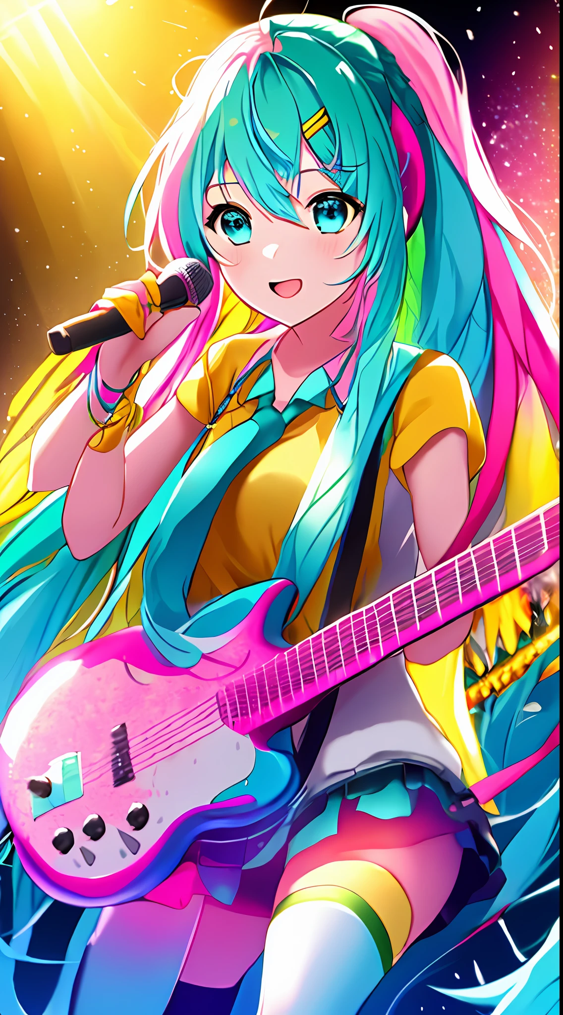 Hatsune Miku, (extremely detailed CG unity 8k wallpaper,masterpiece, best quality, ultra-detailed),best illumination, floating, dynamic angle, dynamic pose, (1girl), (blue eyes+long turquoise hair+white hair+pink hair+yellow hair+green hair:1.3), detailed outfit, cute face, surrounded by music notes and microphone stand, stage with colorful lights, concert vibe.