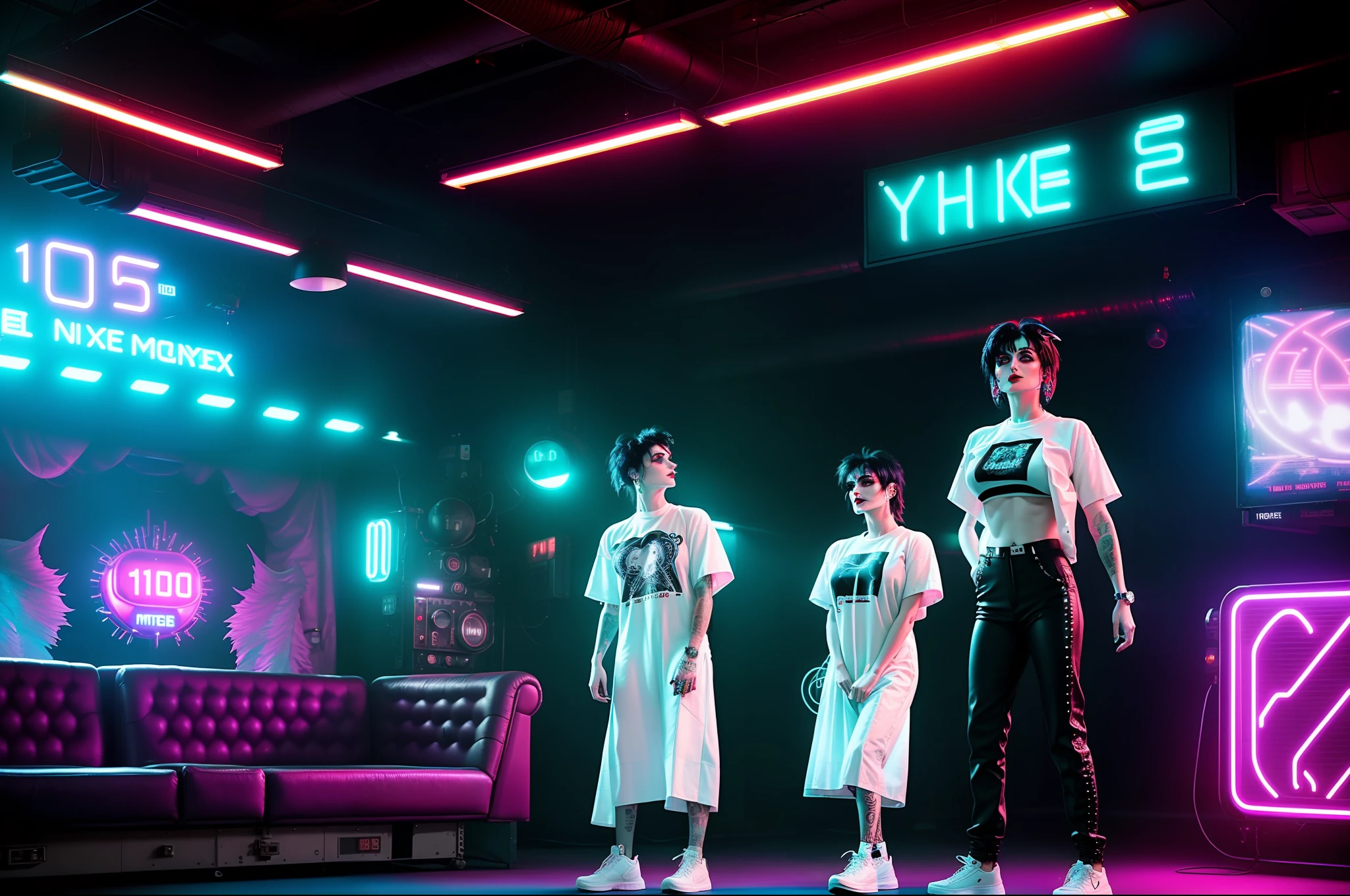 Siouxsie Sioux young, ((wearing white T-shirt, wide, with folded sleeves, no bra)) ((lighting shafts)) masterpiece, high quality raw photo, cinematic lighting, cinematic colors, extremely detailed, best quality, photorealistic, ultra realistic, radiosity, 8k hdr, daylight, ((front position)), red horns, angelic face, ((mysterious environment)), vintage furniture, club style matrix movie, (futuristic monsters)) vintage and futuristic mix, industrial decoration, ((inspired by mystical illustrators)), dance club with tattooed people dancing, ((points of intense lights on neon billboards)), (((10k quality))), realistic hyper, professional photo, drugged people.
