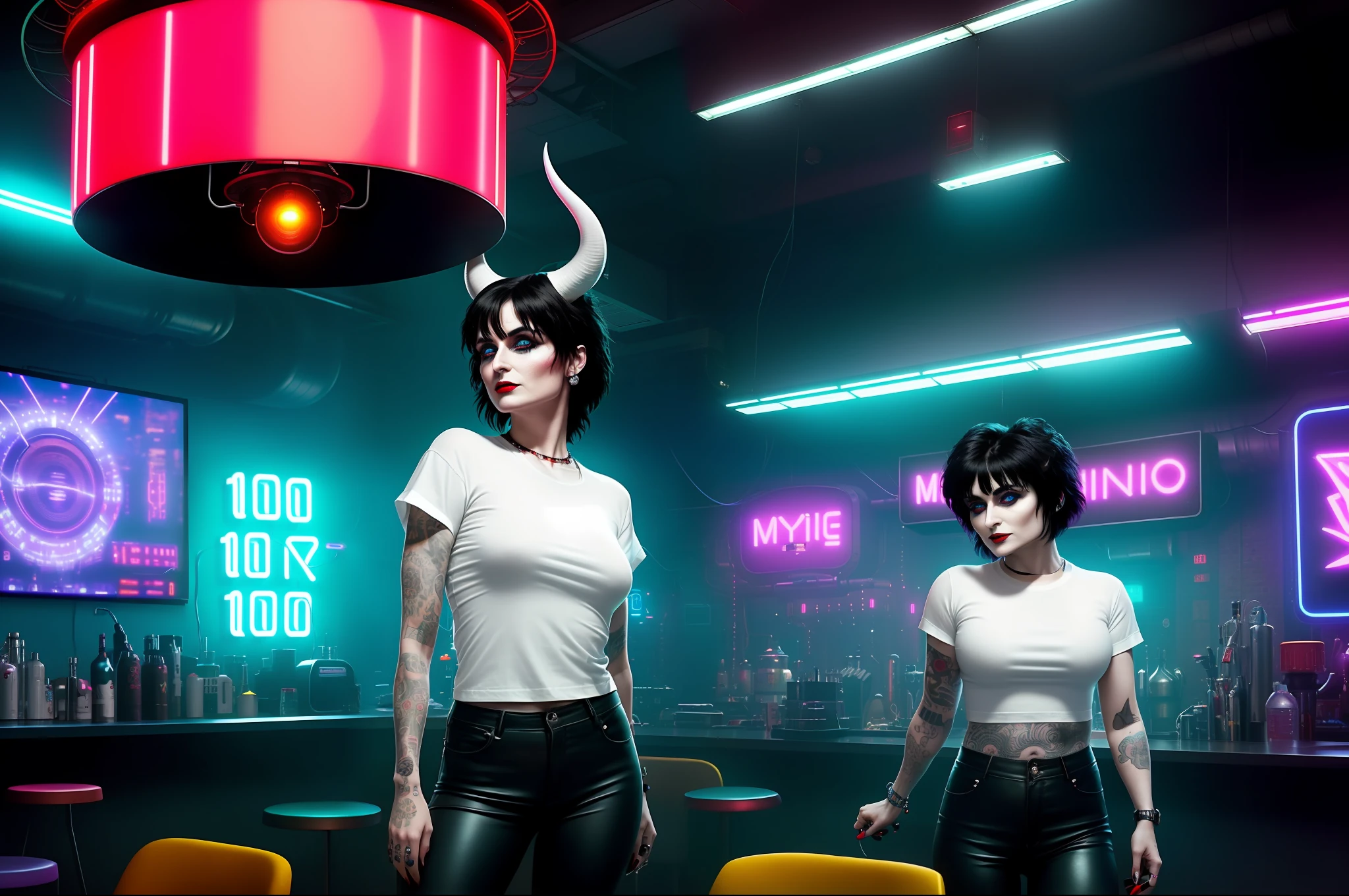 Siouxsie Sioux young, ((wearing white T-shirt, wide, with folded sleeves, no bra)) ((lighting shafts)) masterpiece, high quality raw photo, cinematic lighting, cinematic colors, extremely detailed, best quality, photorealistic, ultra realistic, radiosity, 8k hdr, daylight, ((front position)), red horns, angelic face, ((mysterious environment)), vintage furniture, club style matrix movie, (futuristic monsters)) vintage and futuristic mix,  industrial decoration, ((inspired by mystical illustrators)), dance club with tattooed people dancing, ((points of intense lights on neon billboards)), (((10k quality))), realistic hyper, professional photo, drugged people.