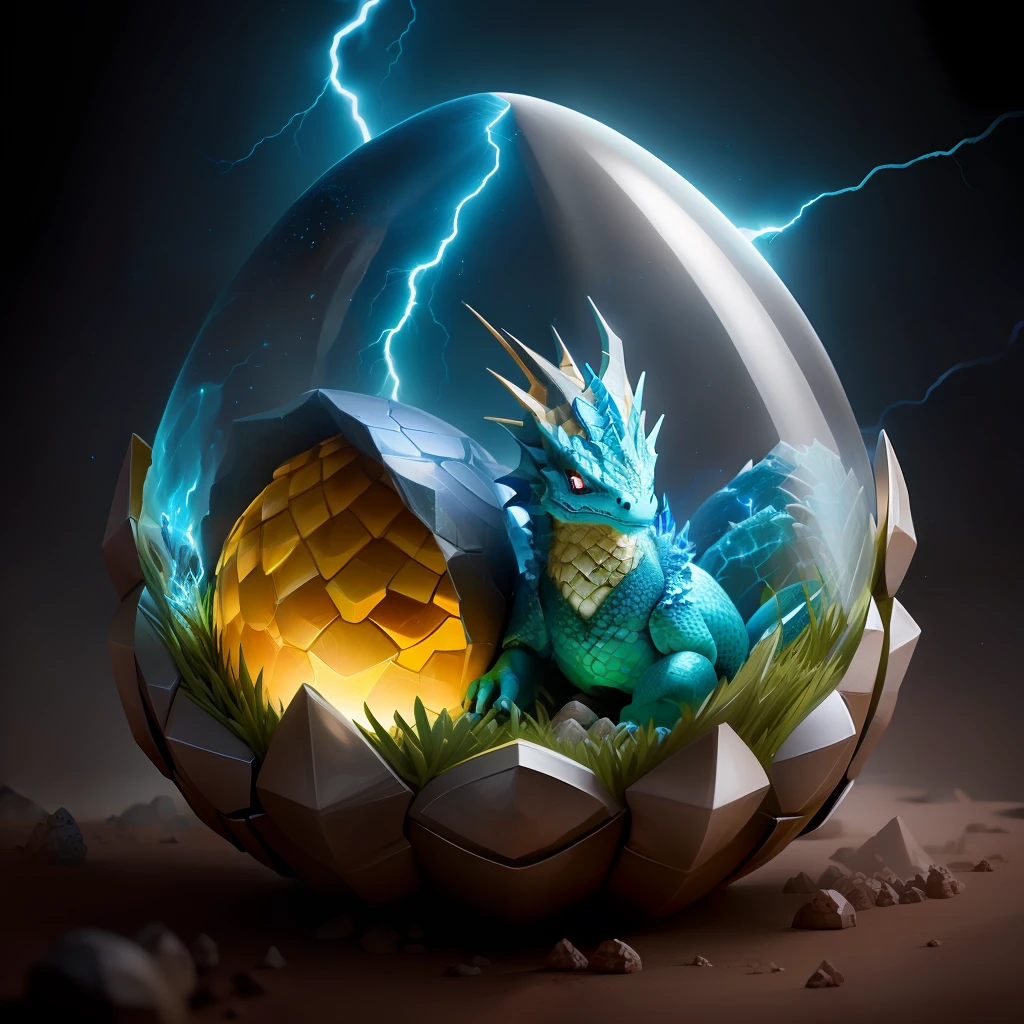 Anthill skin dragon egg with a dragon hatchling inside with Lightning 4k
