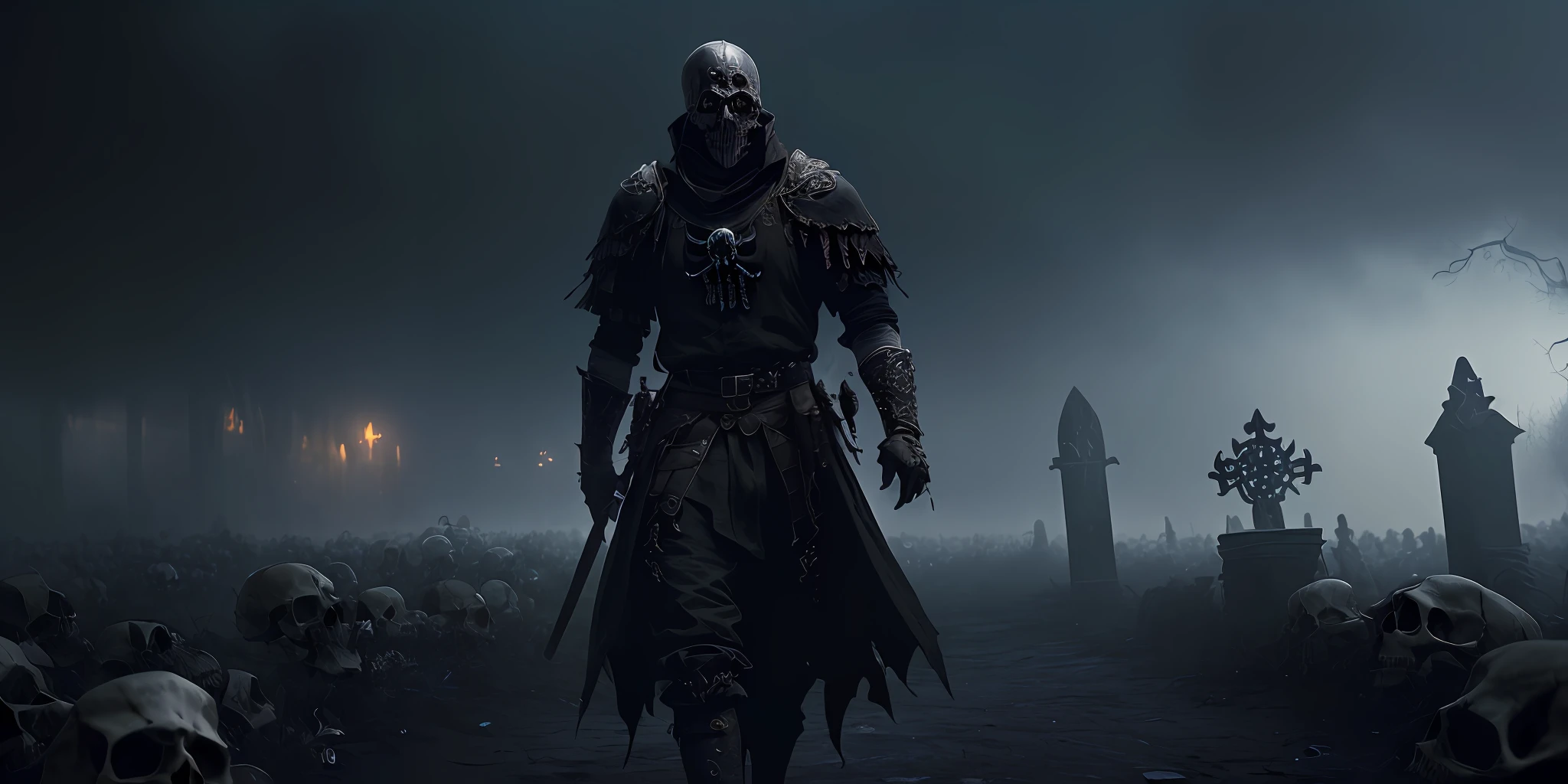 "(extremely detailed CG of 8k wallpaper), (masterpiece), (Gothic style), (a necromancer wearing a mask and battered medieval clothes), (dark environment), (dense fog), (vivid lighting), (flying spectrum), (dust floating in the air), (wide scene), (several skulls on the ground), (magic symbols in the background)"