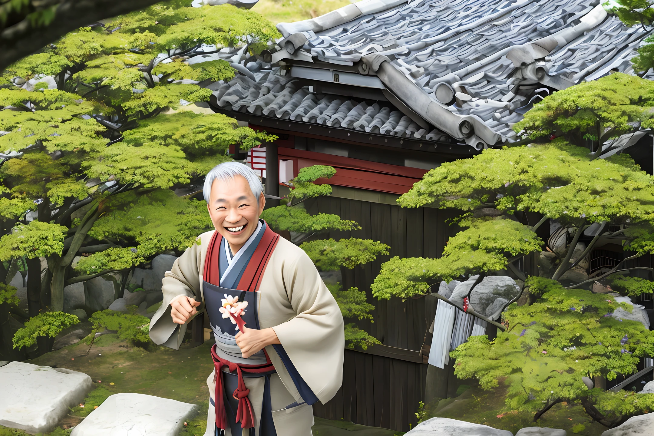 A smiling Japanese uncle standing in front of his house, realistic, ultra HD, 8k